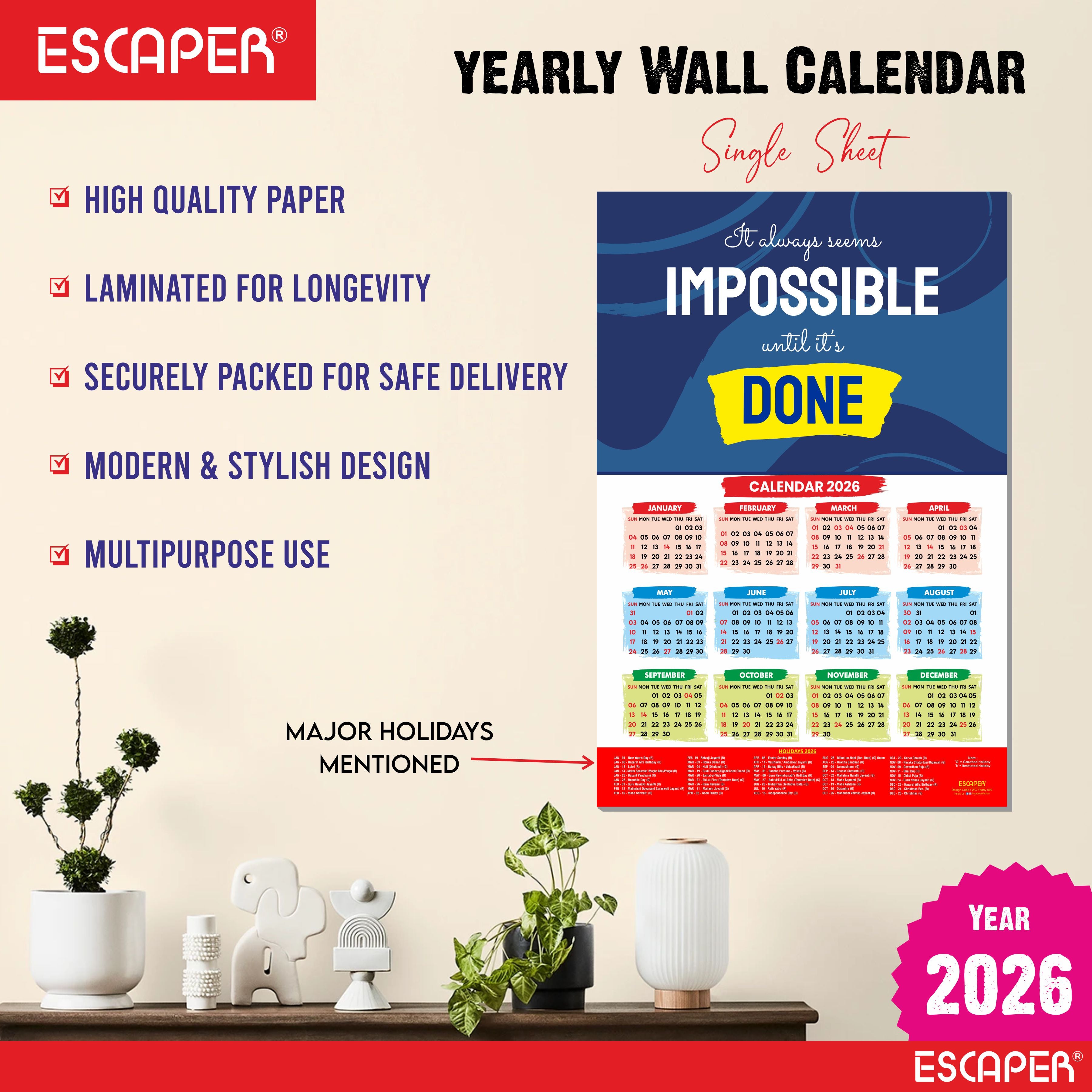 Motivational New Year Wall Calendar 2026 (45x30 cm), Inspirational Quotes Wall Art For Home & Office Decor, Study Table