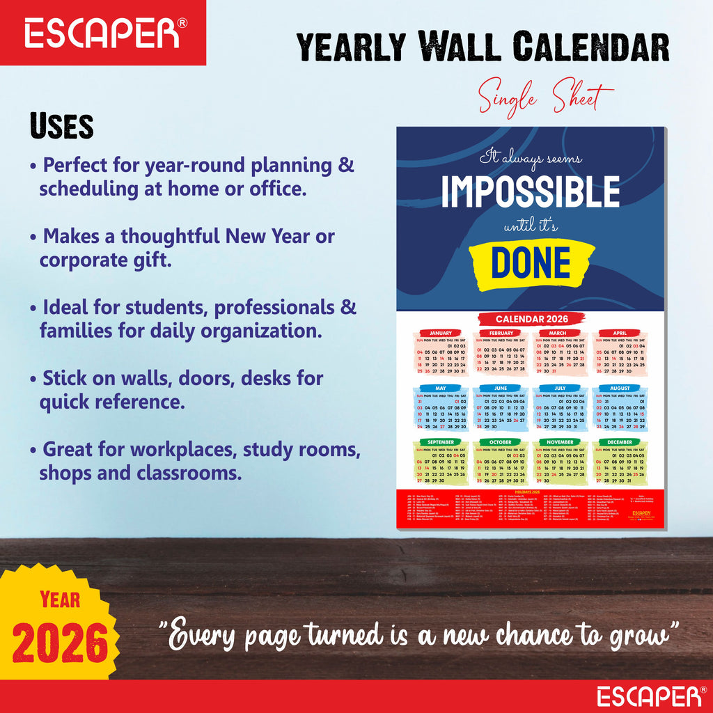 Motivational New Year Wall Calendar 2026 (45x30 cm), Inspirational Quotes Wall Art For Home & Office Decor, Study Table