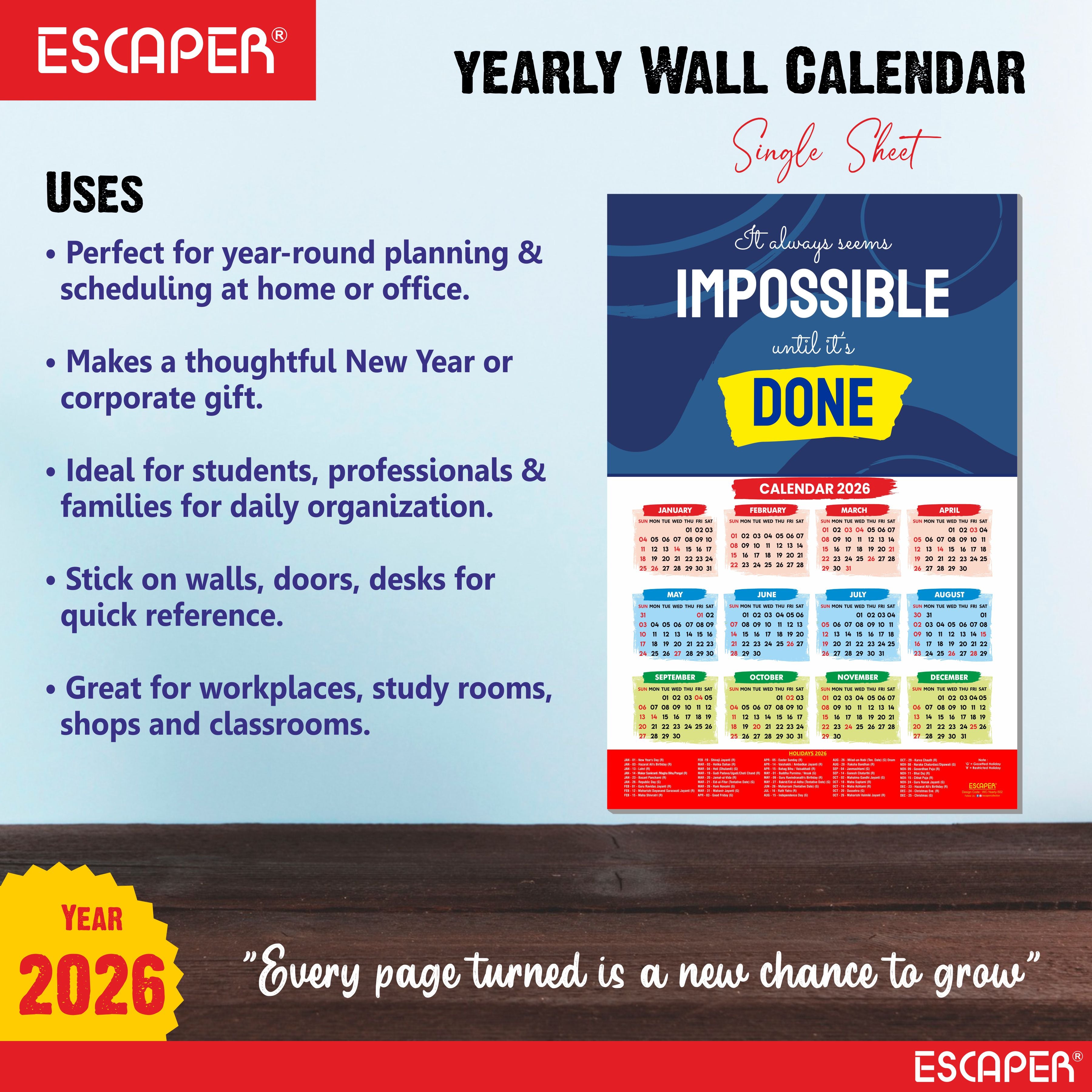 Motivational New Year Wall Calendar 2026 (45x30 cm), Inspirational Quotes Wall Art For Home & Office Decor, Study Table