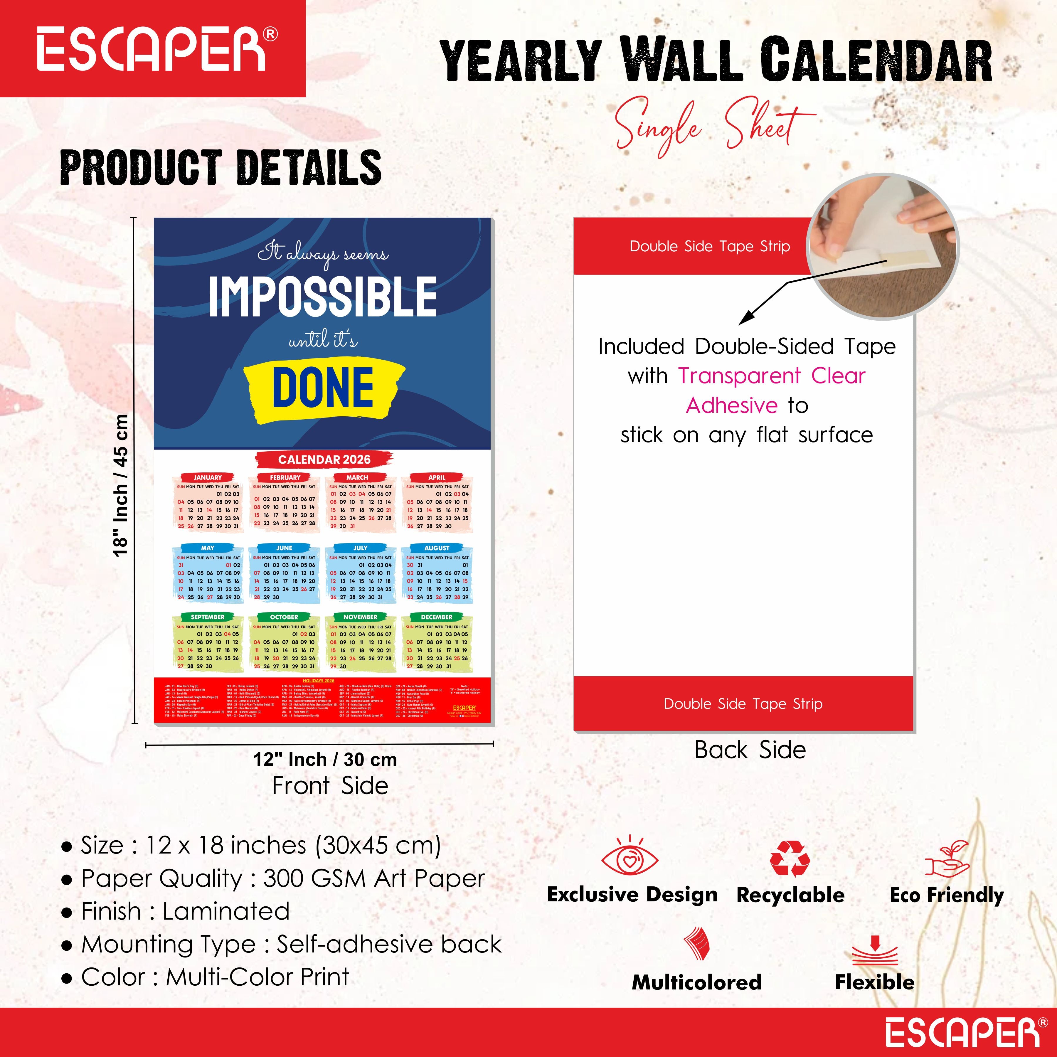 Motivational New Year Wall Calendar 2026 (45x30 cm), Inspirational Quotes Wall Art For Home & Office Decor, Study Table