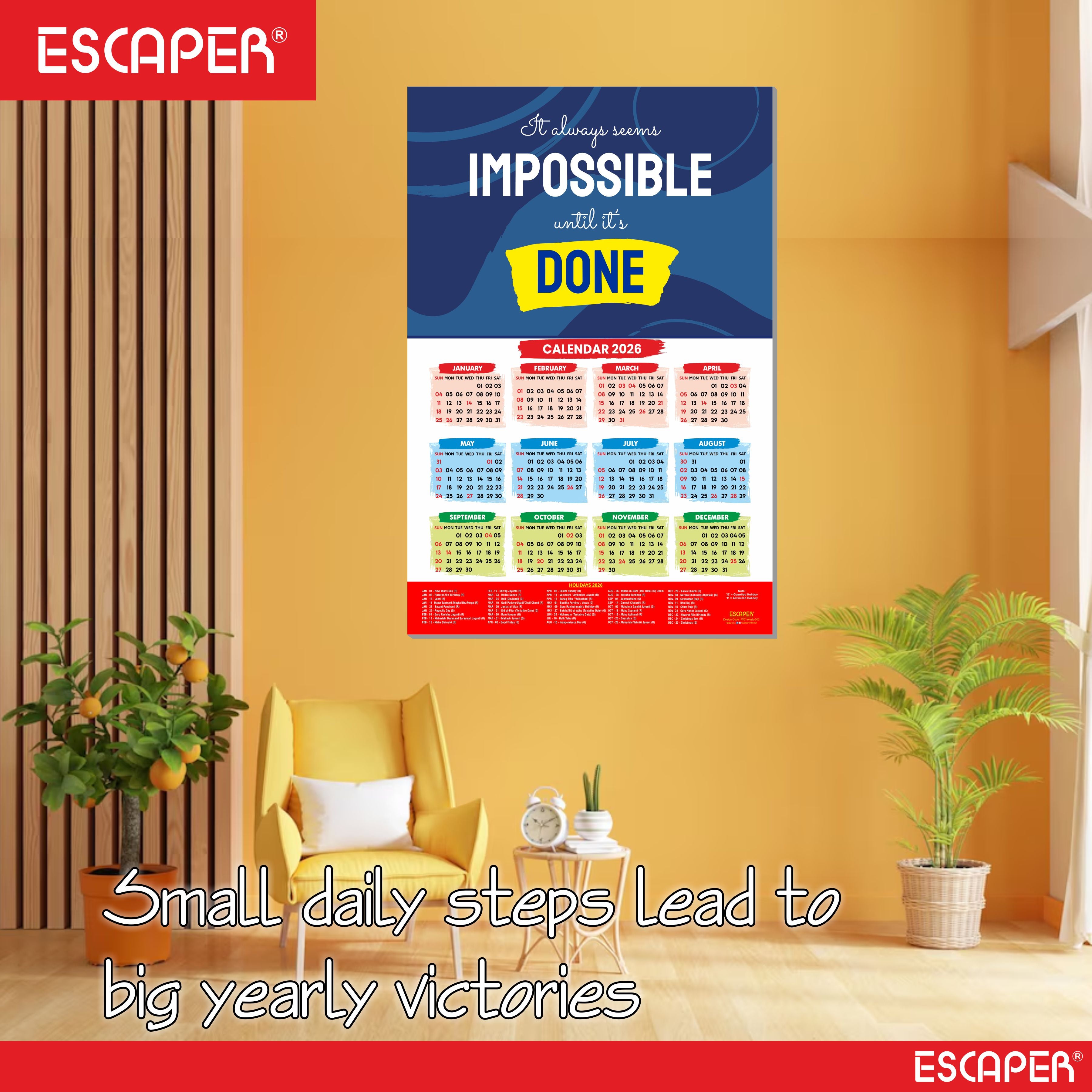 Motivational New Year Wall Calendar 2026 (45x30 cm), Inspirational Quotes Wall Art For Home & Office Decor, Study Table