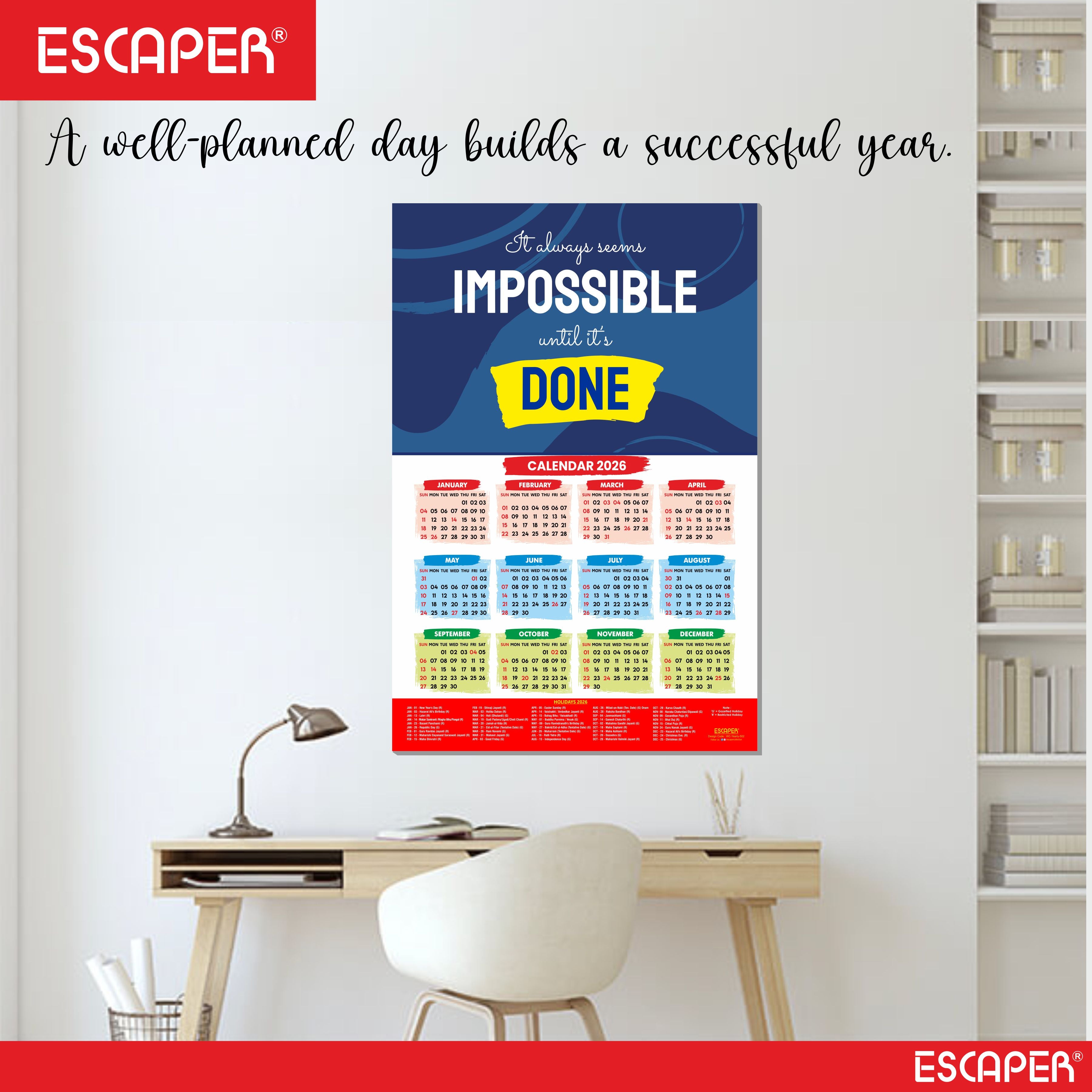 Motivational New Year Wall Calendar 2026 (45x30 cm), Inspirational Quotes Wall Art For Home & Office Decor, Study Table