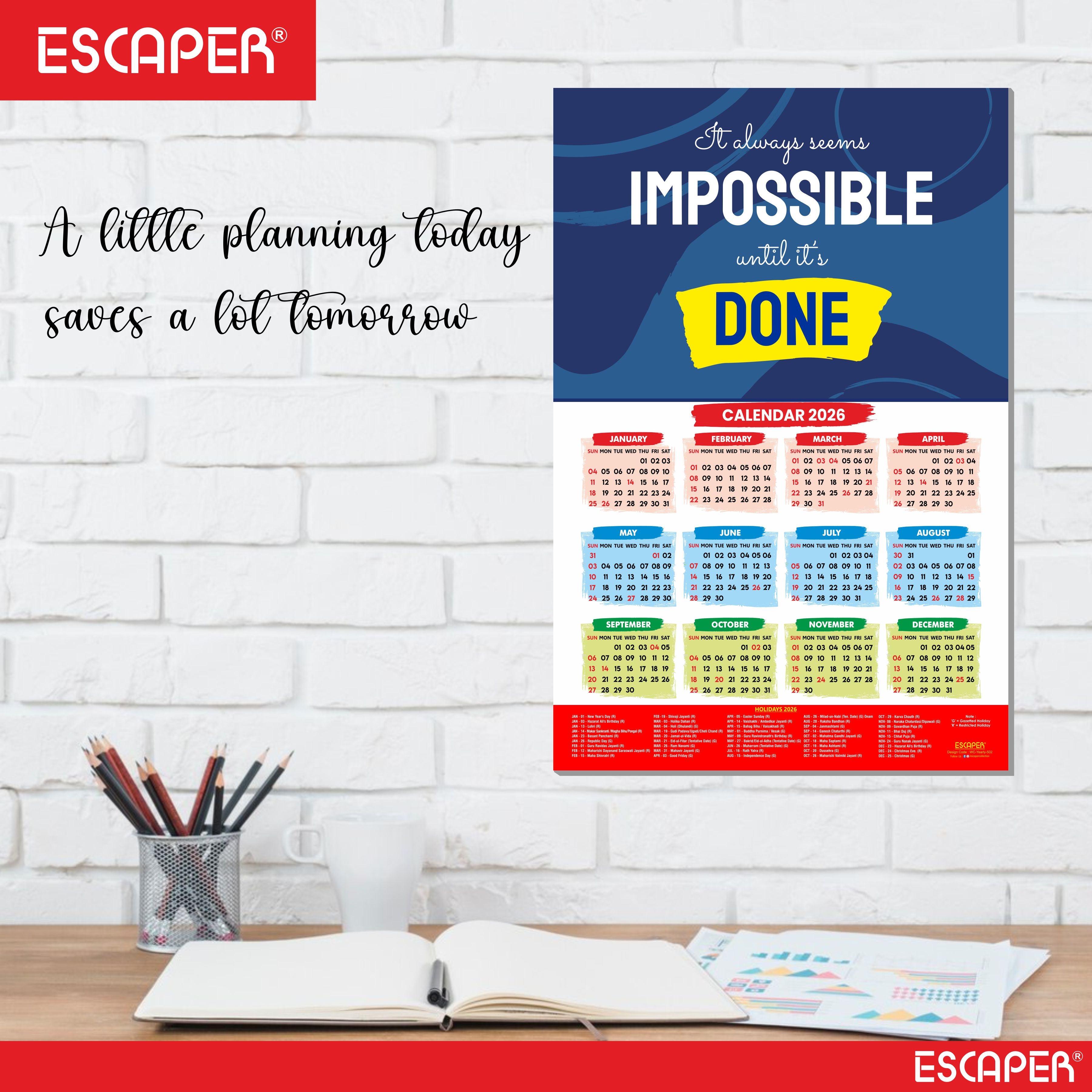 Motivational New Year Wall Calendar 2026 (45x30 cm), Inspirational Quotes Wall Art For Home & Office Decor, Study Table