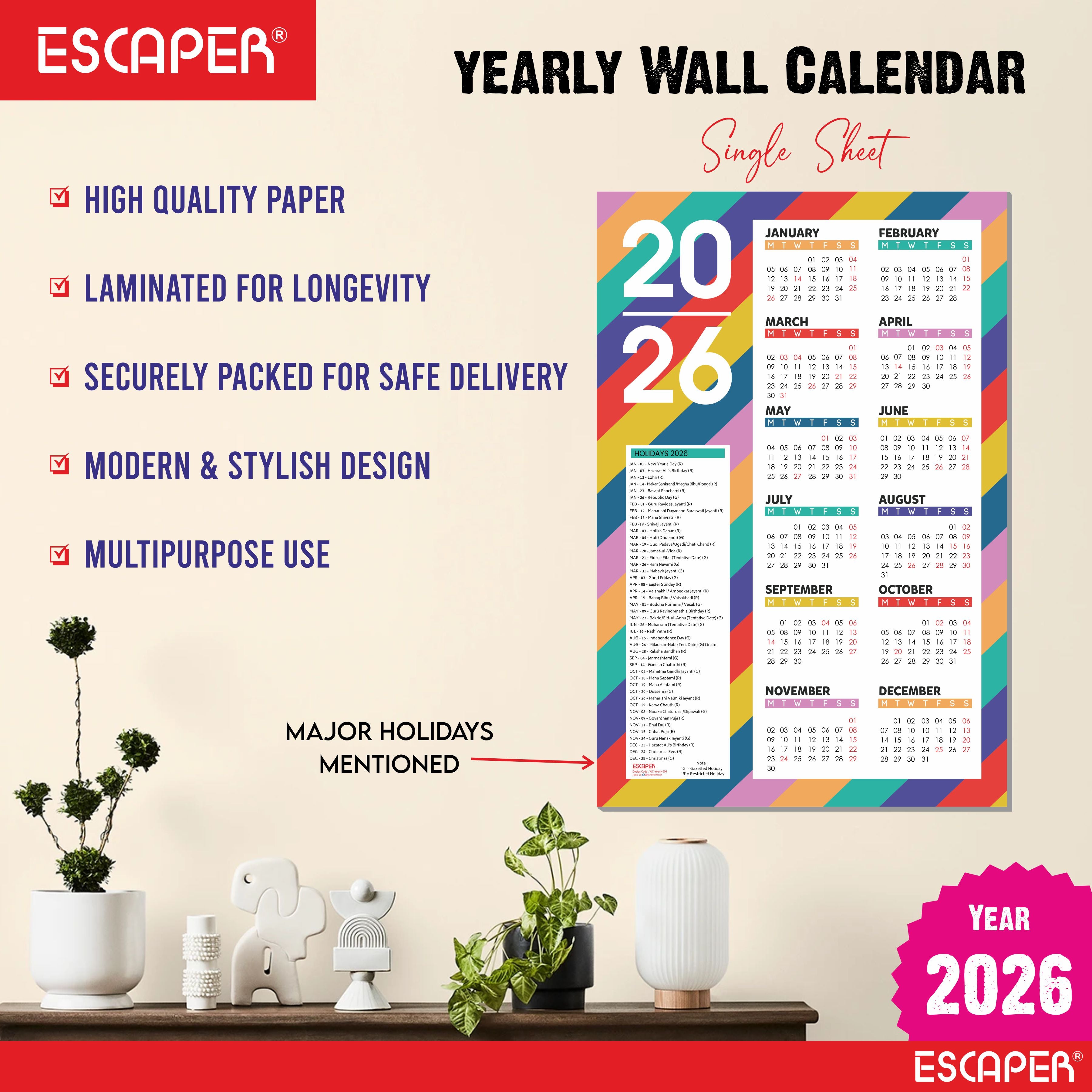 Wall Calendar 2026 – 12 x 18 Inch, Laminated 300 GSM Paper, Easy-to-Stick, Durable & Stylish Yearly Planner for Home, Office & Gift for Family or Colleagues