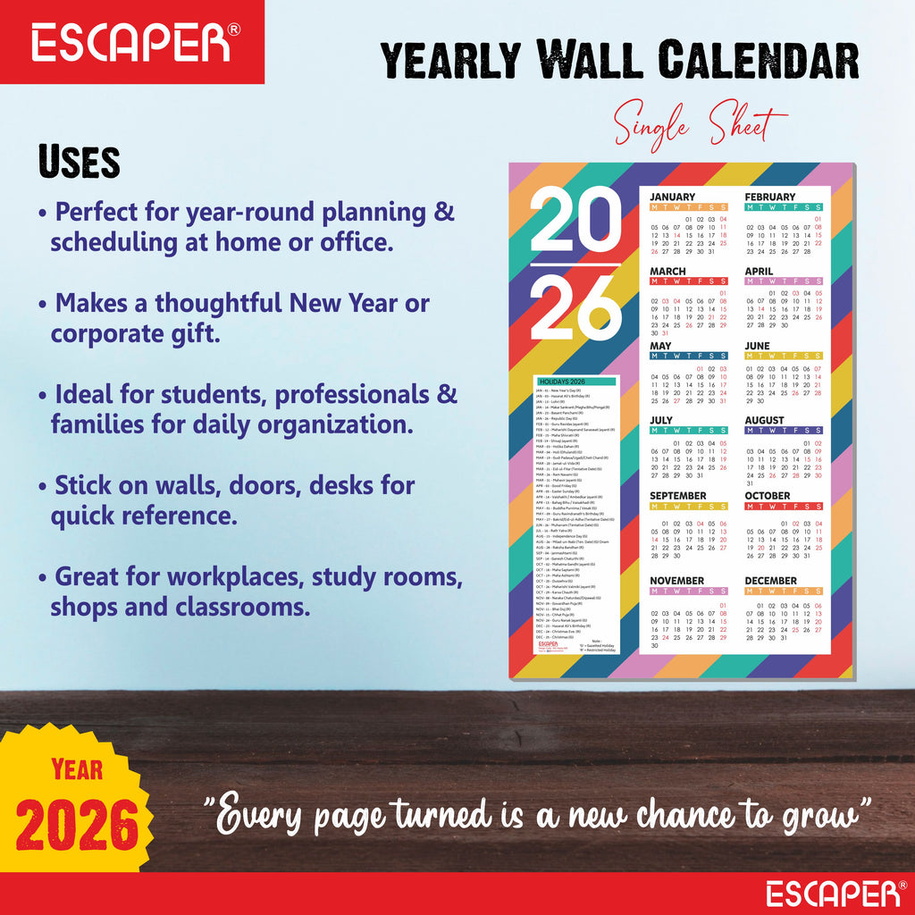 Wall Calendar 2026 – 12 x 18 Inch, Laminated 300 GSM Paper, Easy-to-Stick, Durable & Stylish Yearly Planner for Home, Office & Gift for Family or Colleagues