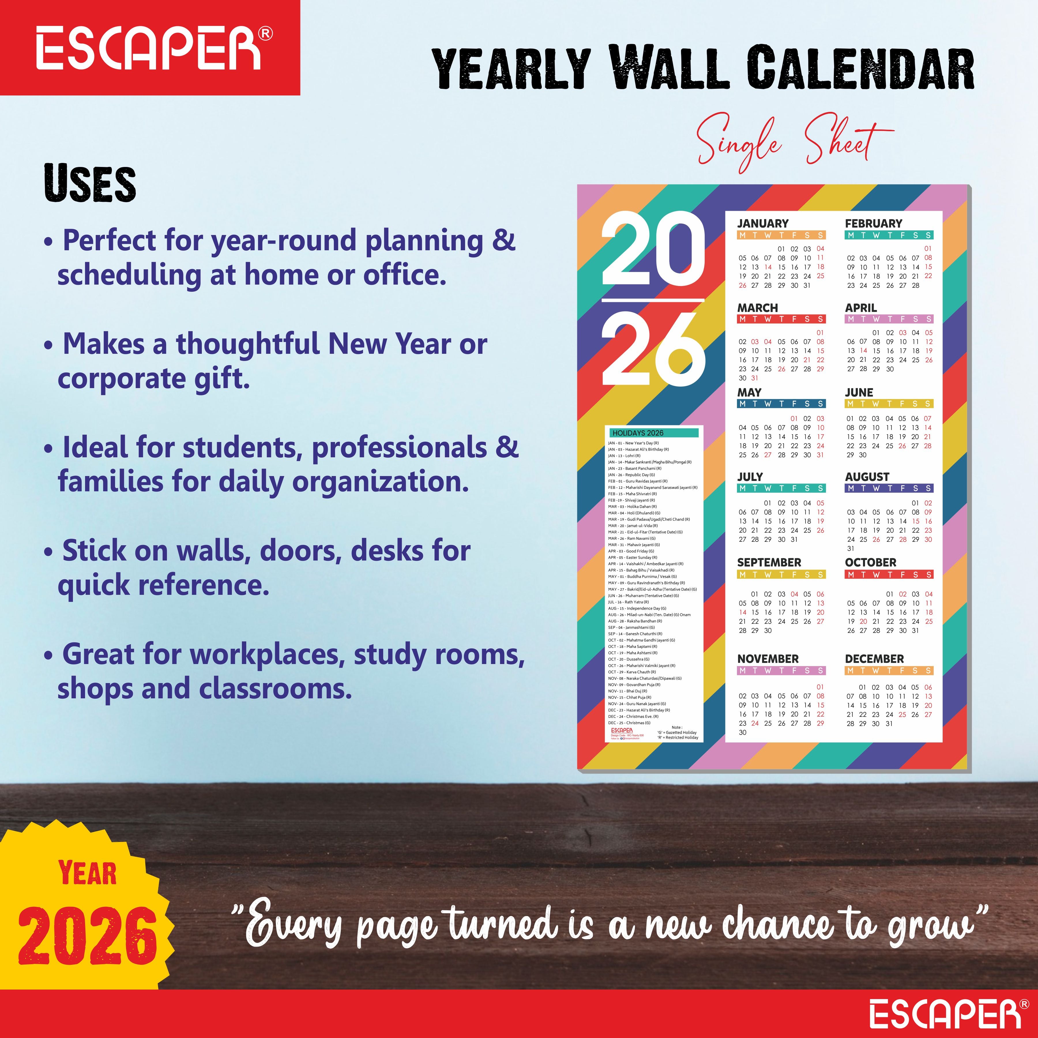 Wall Calendar 2026 – 12 x 18 Inch, Laminated 300 GSM Paper, Easy-to-Stick, Durable & Stylish Yearly Planner for Home, Office & Gift for Family or Colleagues