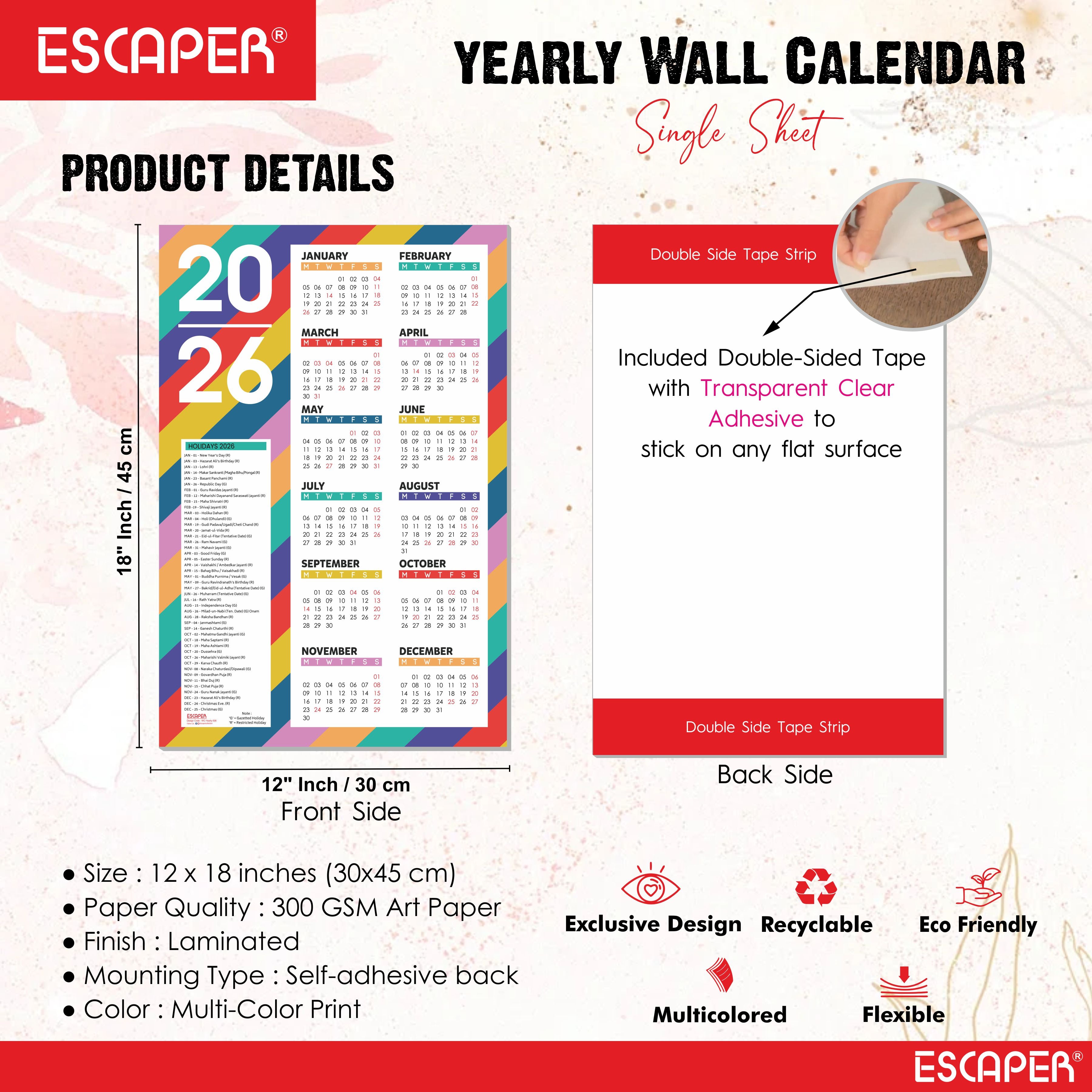 Wall Calendar 2026 – 12 x 18 Inch, Laminated 300 GSM Paper, Easy-to-Stick, Durable & Stylish Yearly Planner for Home, Office & Gift for Family or Colleagues