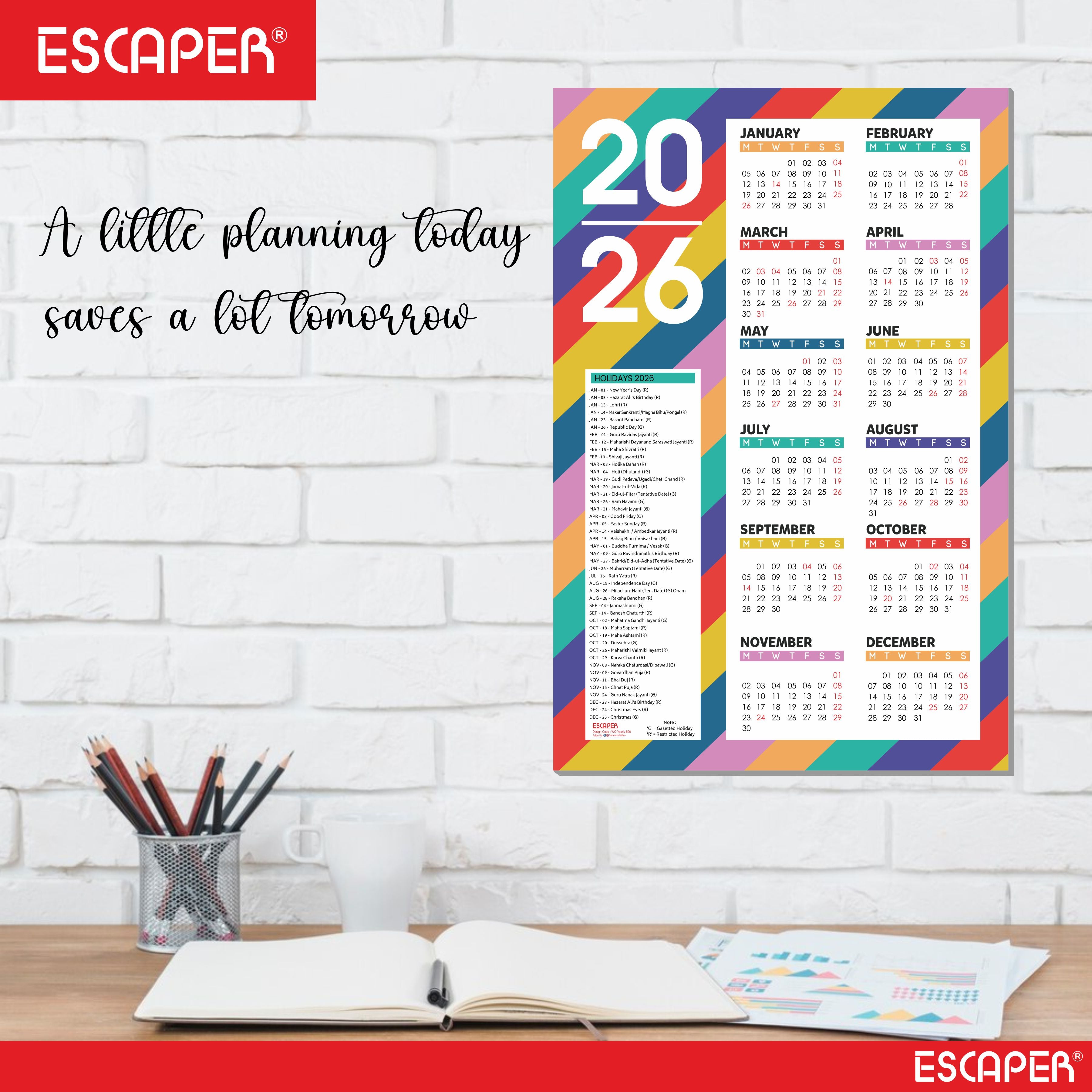 Wall Calendar 2026 – 12 x 18 Inch, Laminated 300 GSM Paper, Easy-to-Stick, Durable & Stylish Yearly Planner for Home, Office & Gift for Family or Colleagues