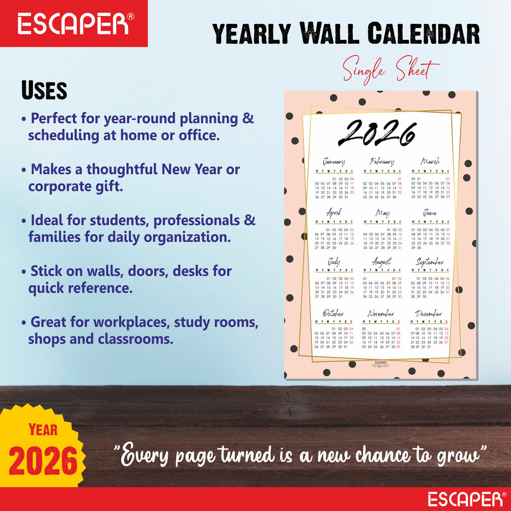 Wall Calendar 2026 – 12 x 18 Inch, Laminated 300 GSM Paper, Easy-to-Stick, Durable & Stylish Yearly Planner for Home, Office & Gift for Family or Colleagues