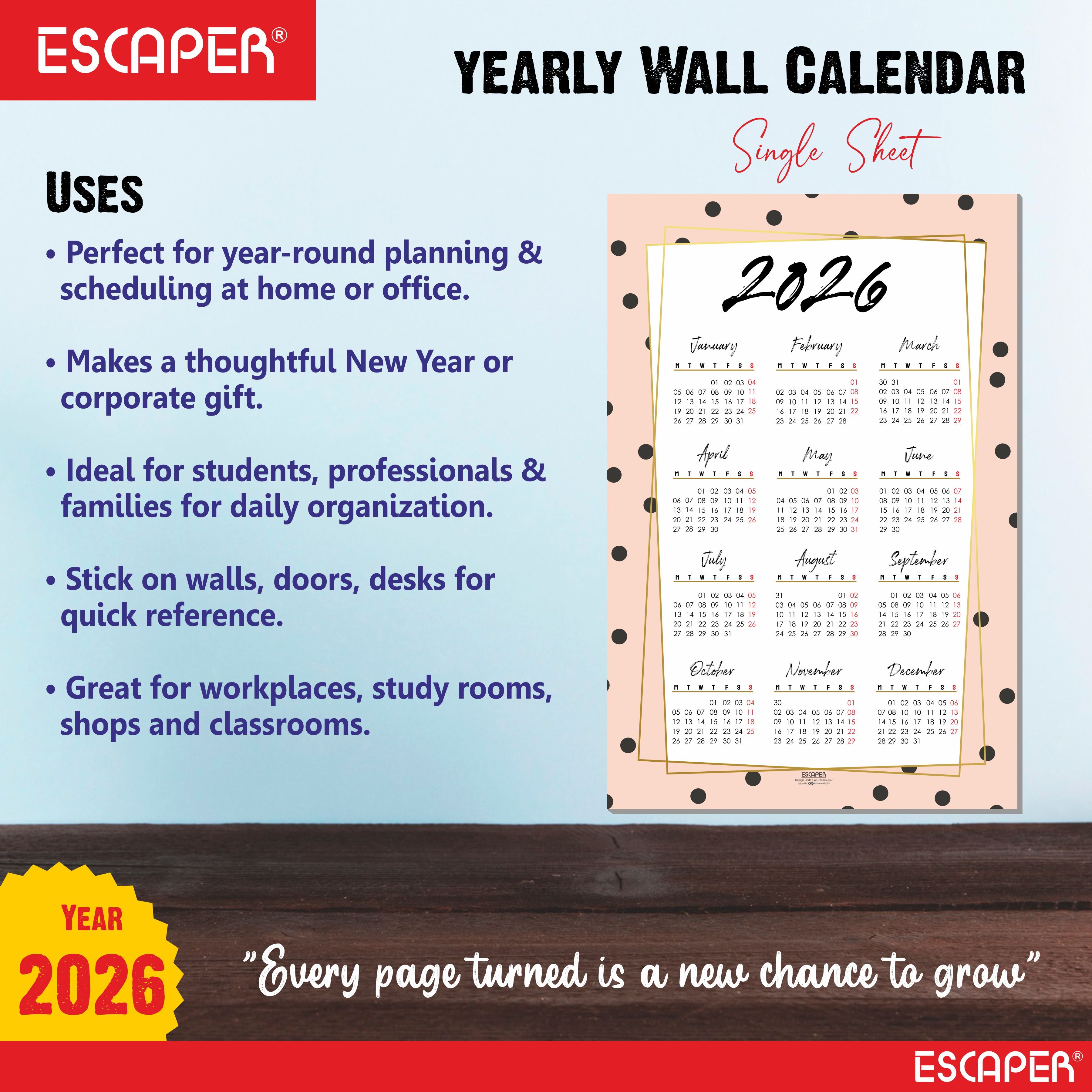 Wall Calendar 2026 – 12 x 18 Inch, Laminated 300 GSM Paper, Easy-to-Stick, Durable & Stylish Yearly Planner for Home, Office & Gift for Family or Colleagues