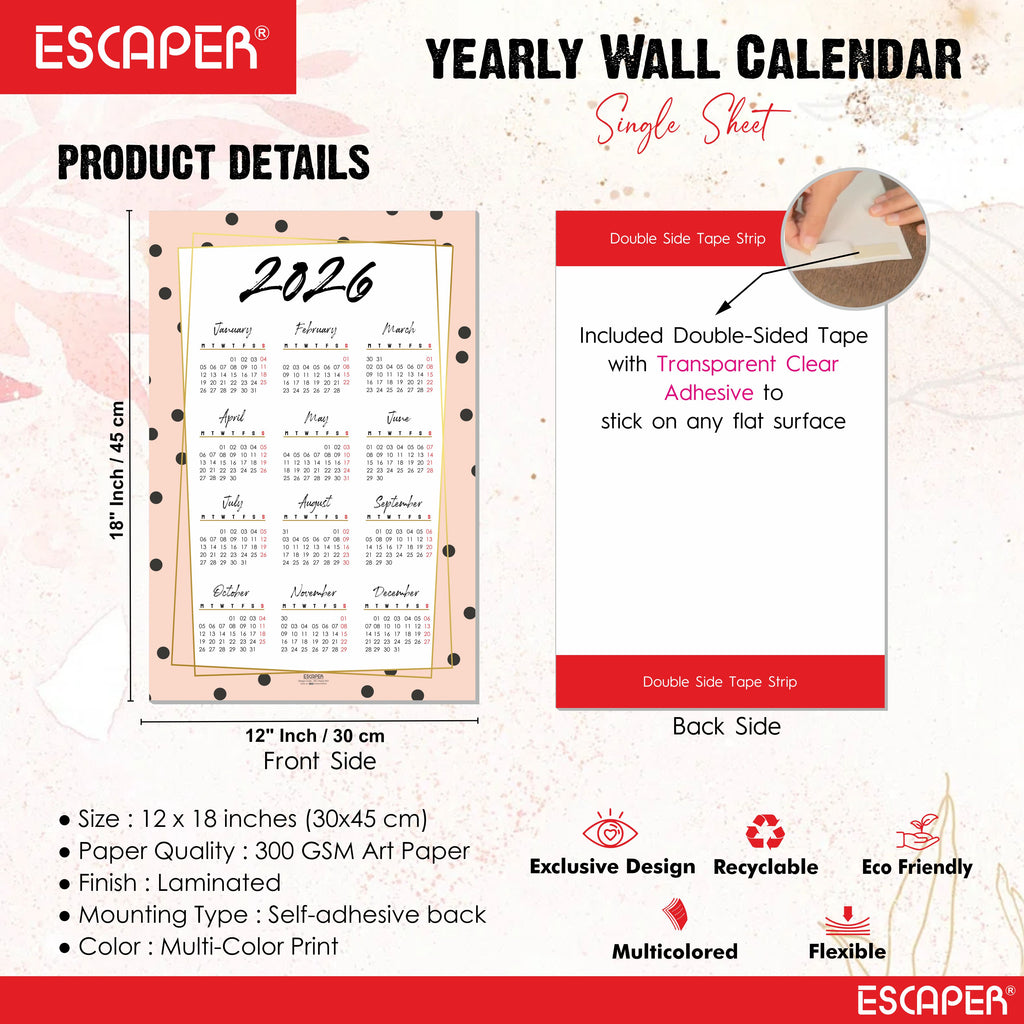 Wall Calendar 2026 – 12 x 18 Inch, Laminated 300 GSM Paper, Easy-to-Stick, Durable & Stylish Yearly Planner for Home, Office & Gift for Family or Colleagues