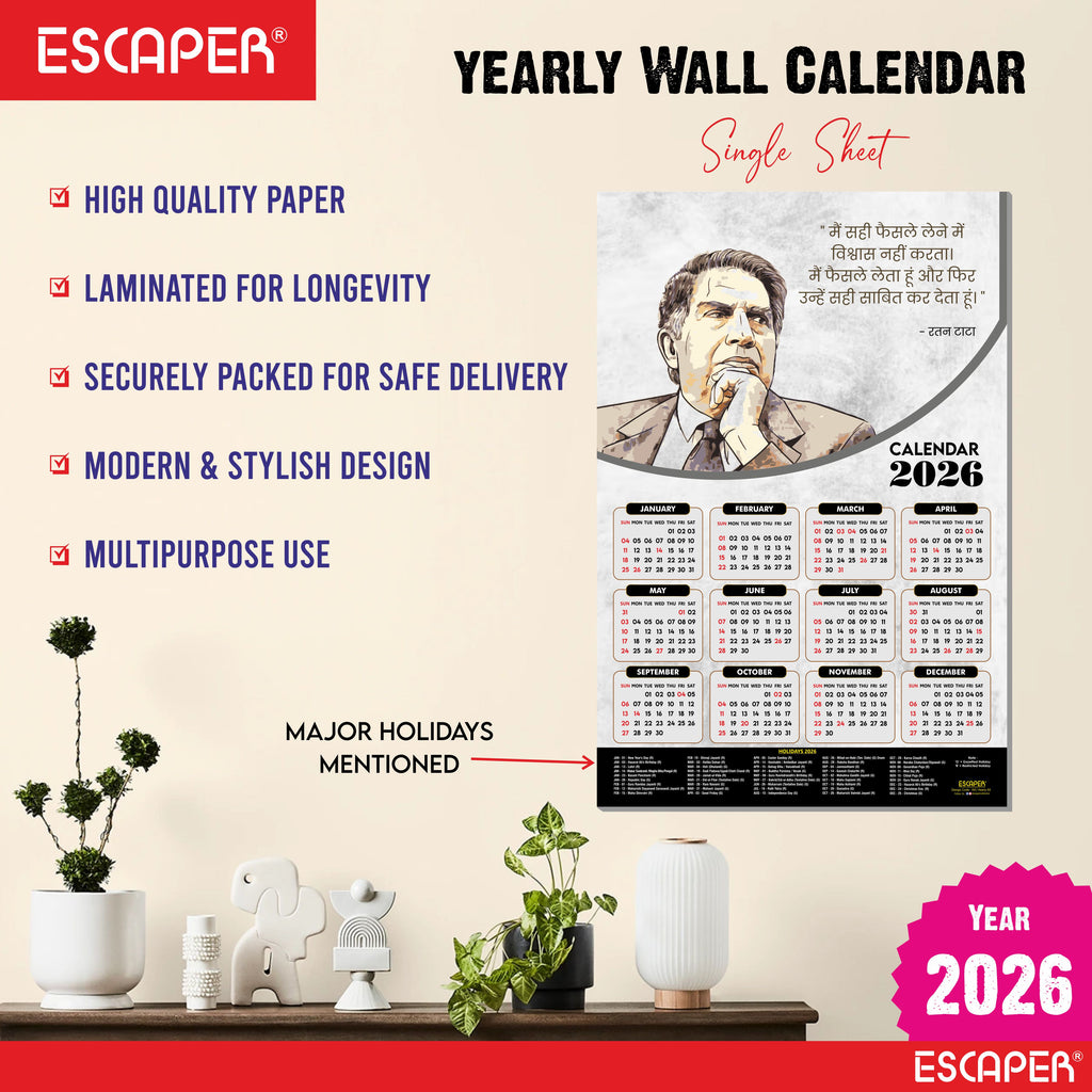 Sir Ratan Tata Motivational Wall Calendar 2026 & Inspirational Quotes (12 x 18), Famous Quotes Wall Calendar 2026, Ideal for Room Decoration, Wall Art