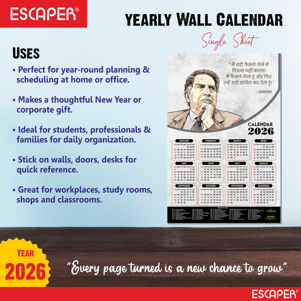 Sir Ratan Tata Motivational Wall Calendar 2026 & Inspirational Quotes (12 x 18), Famous Quotes Wall Calendar 2026, Ideal for Room Decoration, Wall Art