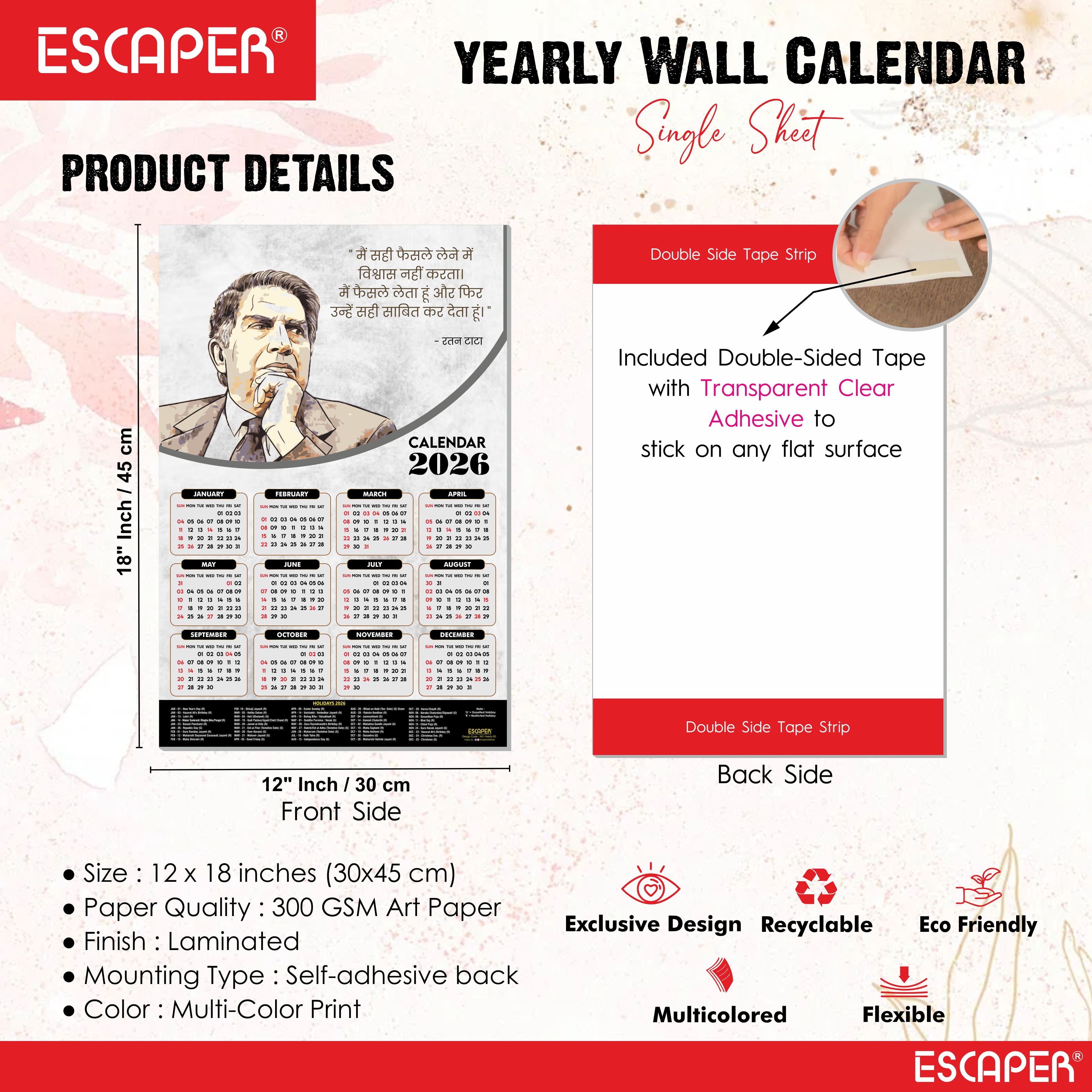 Sir Ratan Tata Motivational Wall Calendar 2026 & Inspirational Quotes (12 x 18), Famous Quotes Wall Calendar 2026, Ideal for Room Decoration, Wall Art