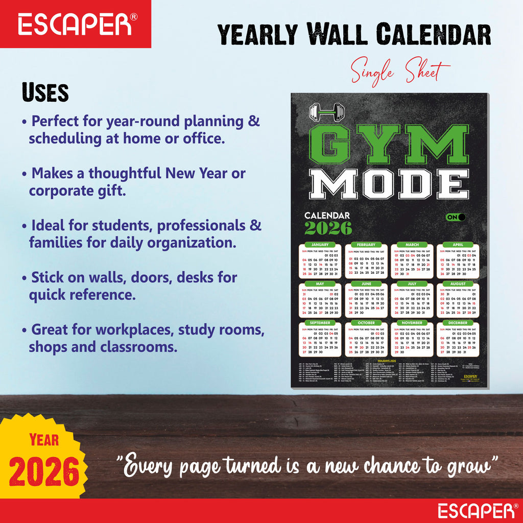 Gym Mode On Gym Wall Calendar 2026 hanging (12 x 18), Wall Calendar 2026 for Gym Motivation, Workout, Exercise, Bodybuilders, Fitness Center