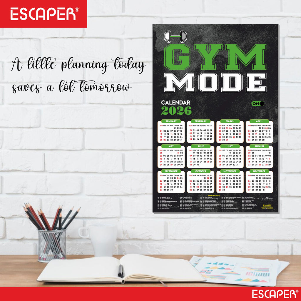 Gym Mode On Gym Wall Calendar 2026 hanging (12 x 18), Wall Calendar 2026 for Gym Motivation, Workout, Exercise, Bodybuilders, Fitness Center