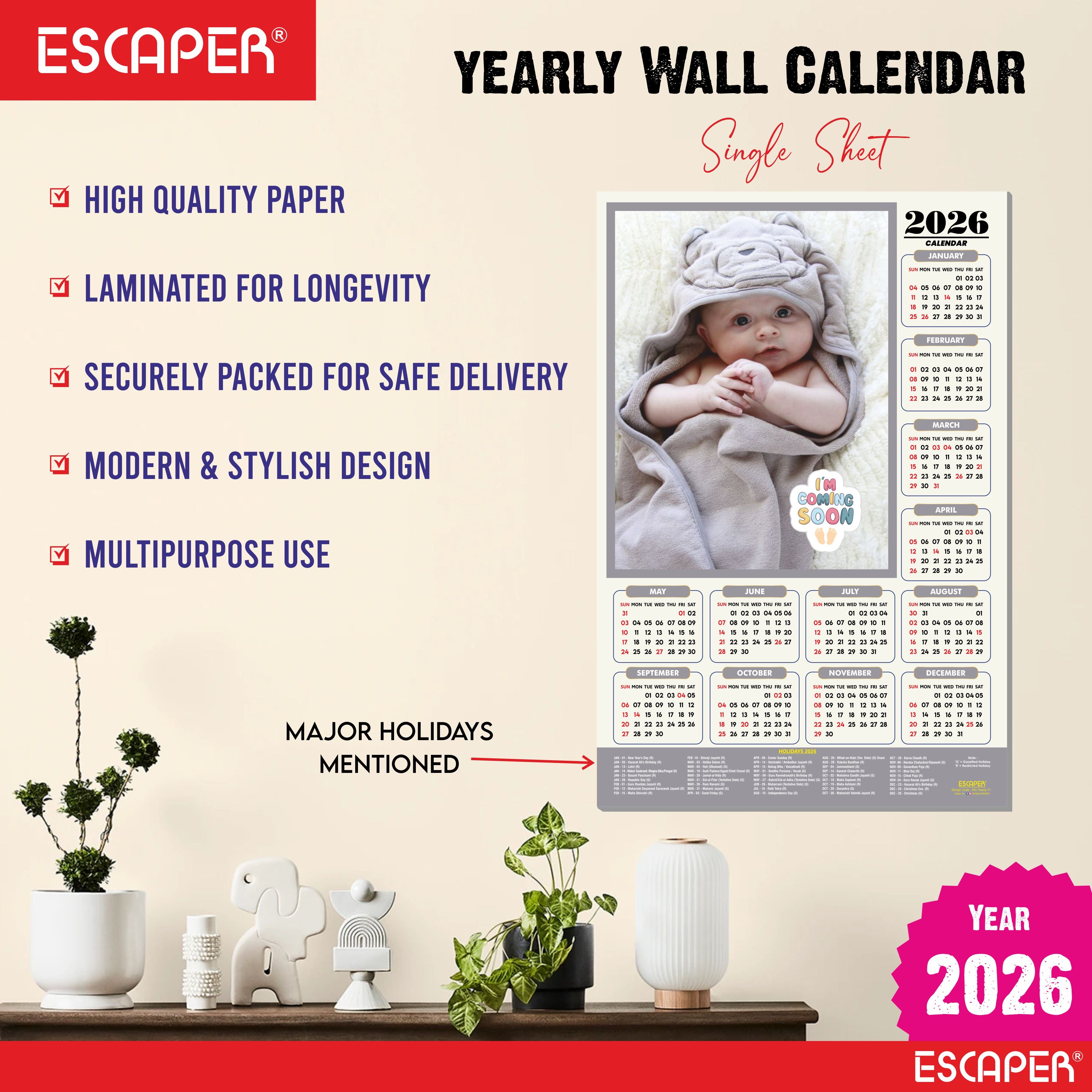 Cute Baby Wall Calendar 2026 for Pregnant Women (45 x 30 cm), Baby Pictures Photos hanging Wall Calendar 2026 for Room