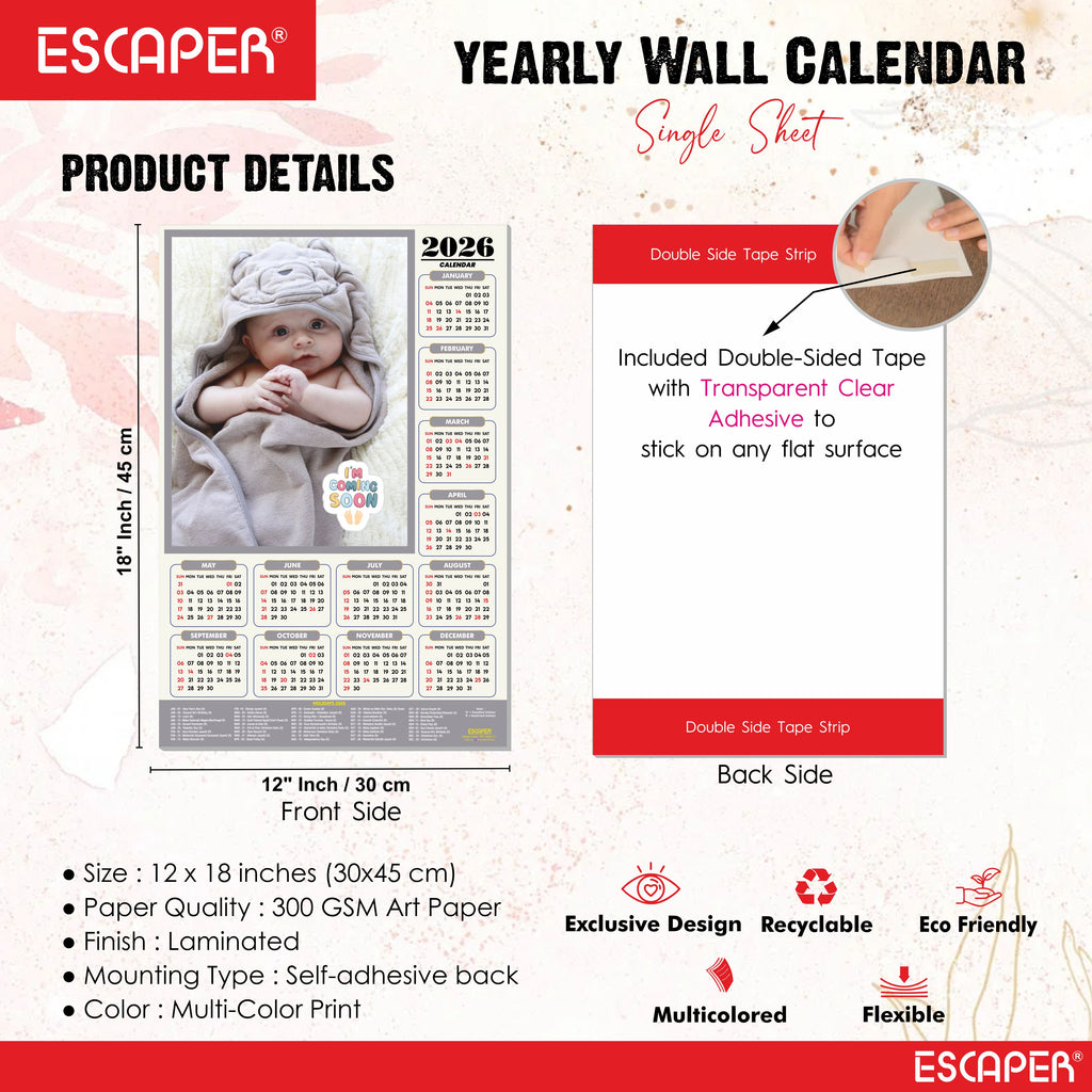 Cute Baby Wall Calendar 2026 for Pregnant Women (45 x 30 cm), Baby Pictures Photos hanging Wall Calendar 2026 for Room