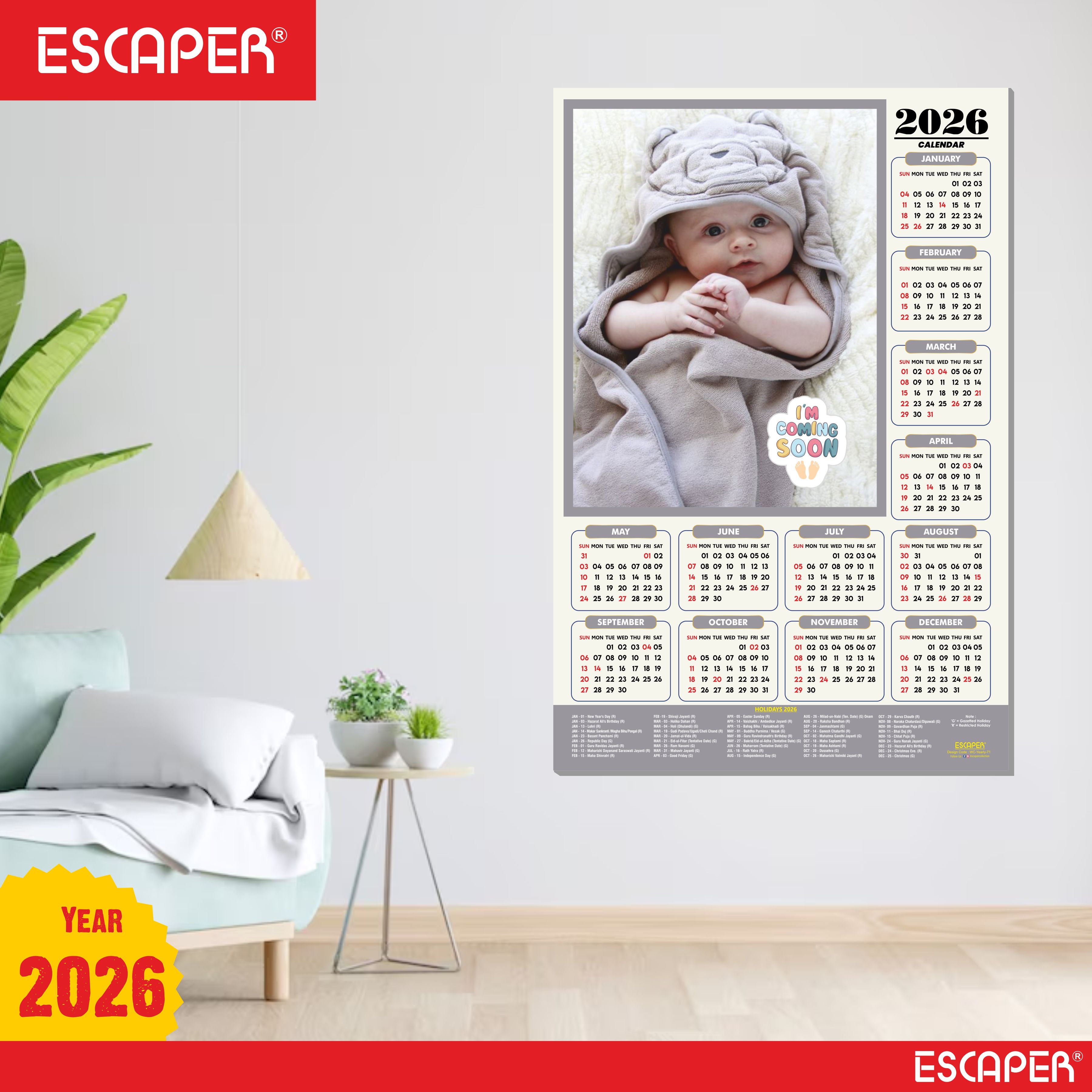 Cute Baby Wall Calendar 2026 for Pregnant Women (45 x 30 cm), Baby Pictures Photos hanging Wall Calendar 2026 for Room