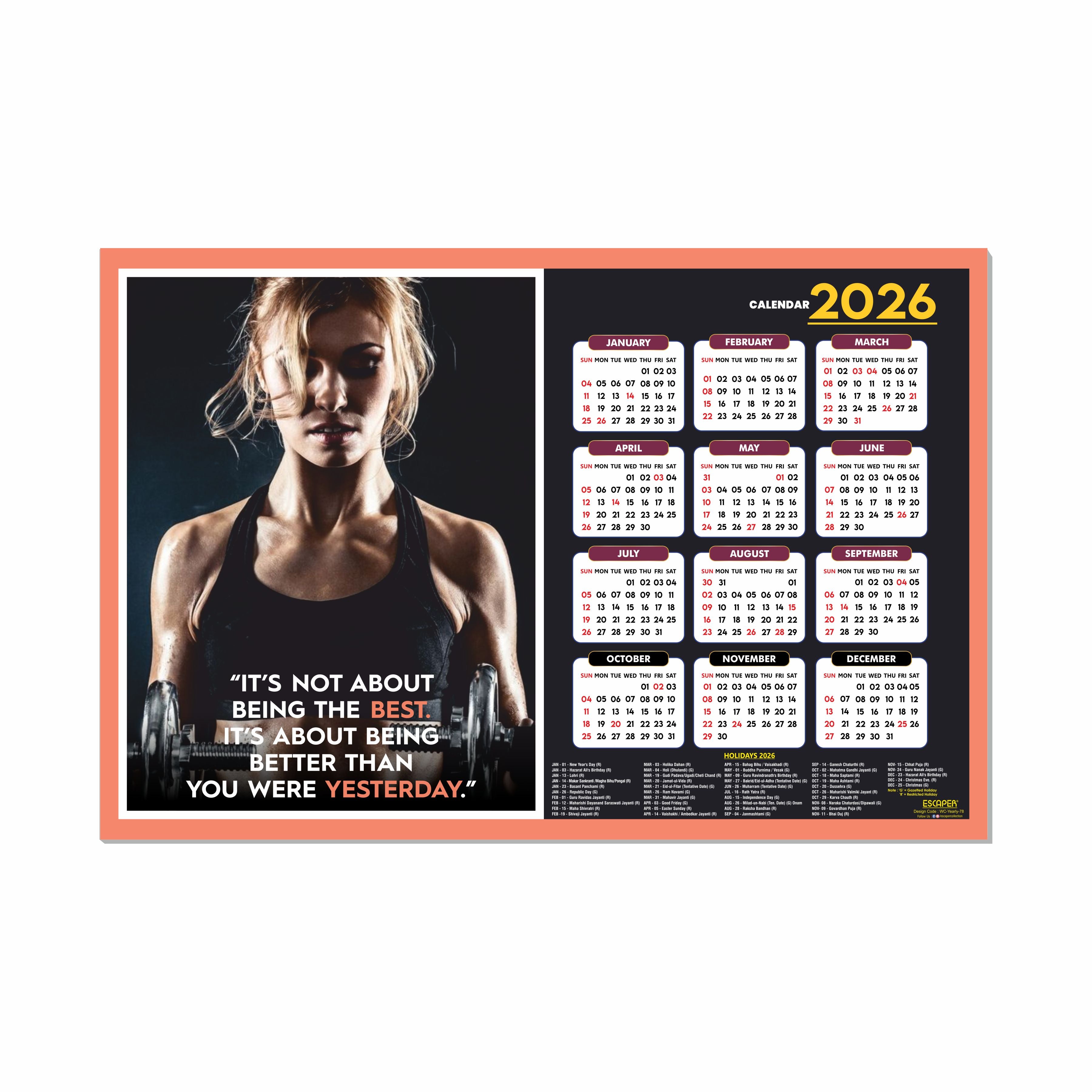 Gym Wall Calendar 2026 hanging (12 x 18), Wall Calendar 2026 for Gym Motivation, Workout, Exercise, Bodybuilders, Fitness Center