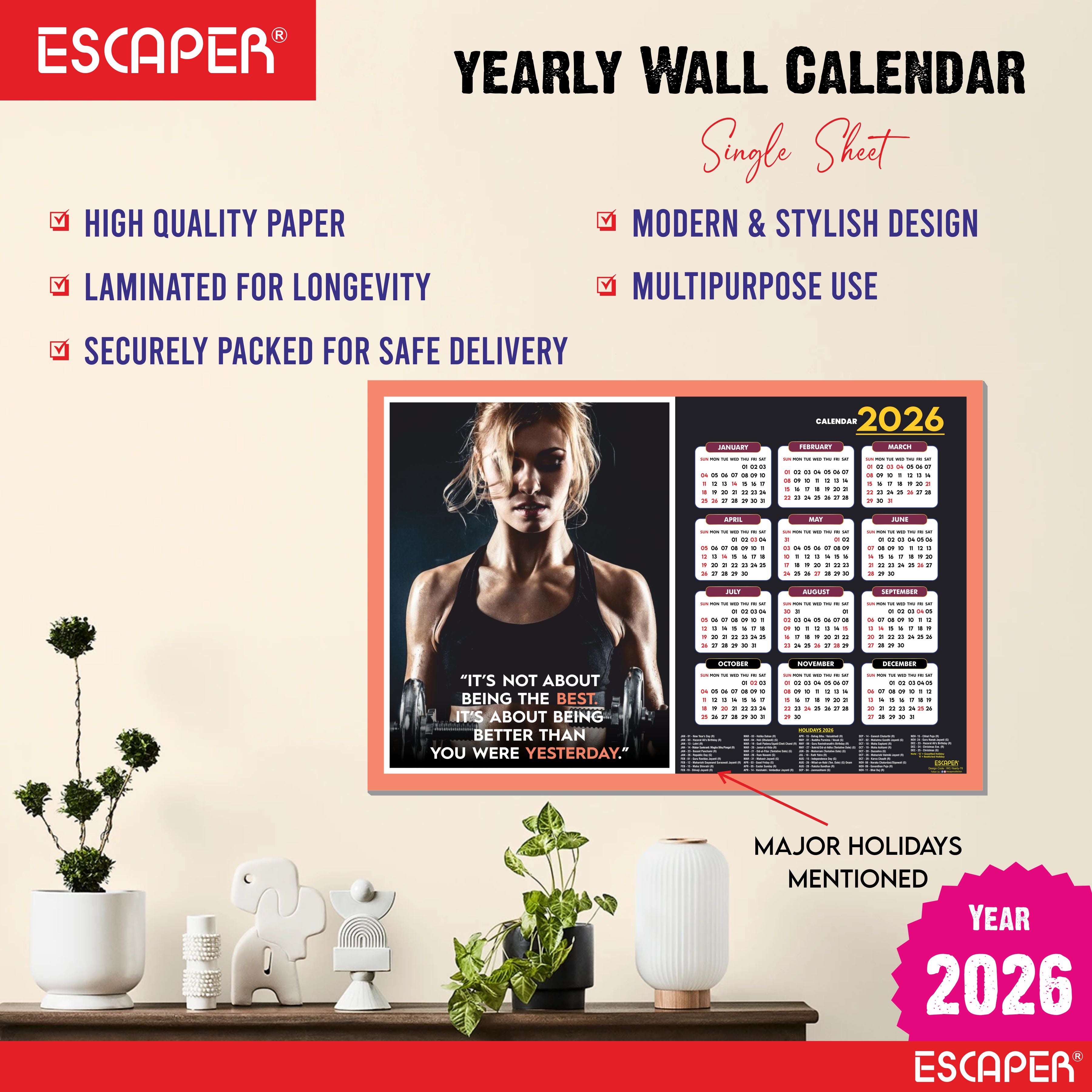 Gym Wall Calendar 2026 hanging (12 x 18), Wall Calendar 2026 for Gym Motivation, Workout, Exercise, Bodybuilders, Fitness Center
