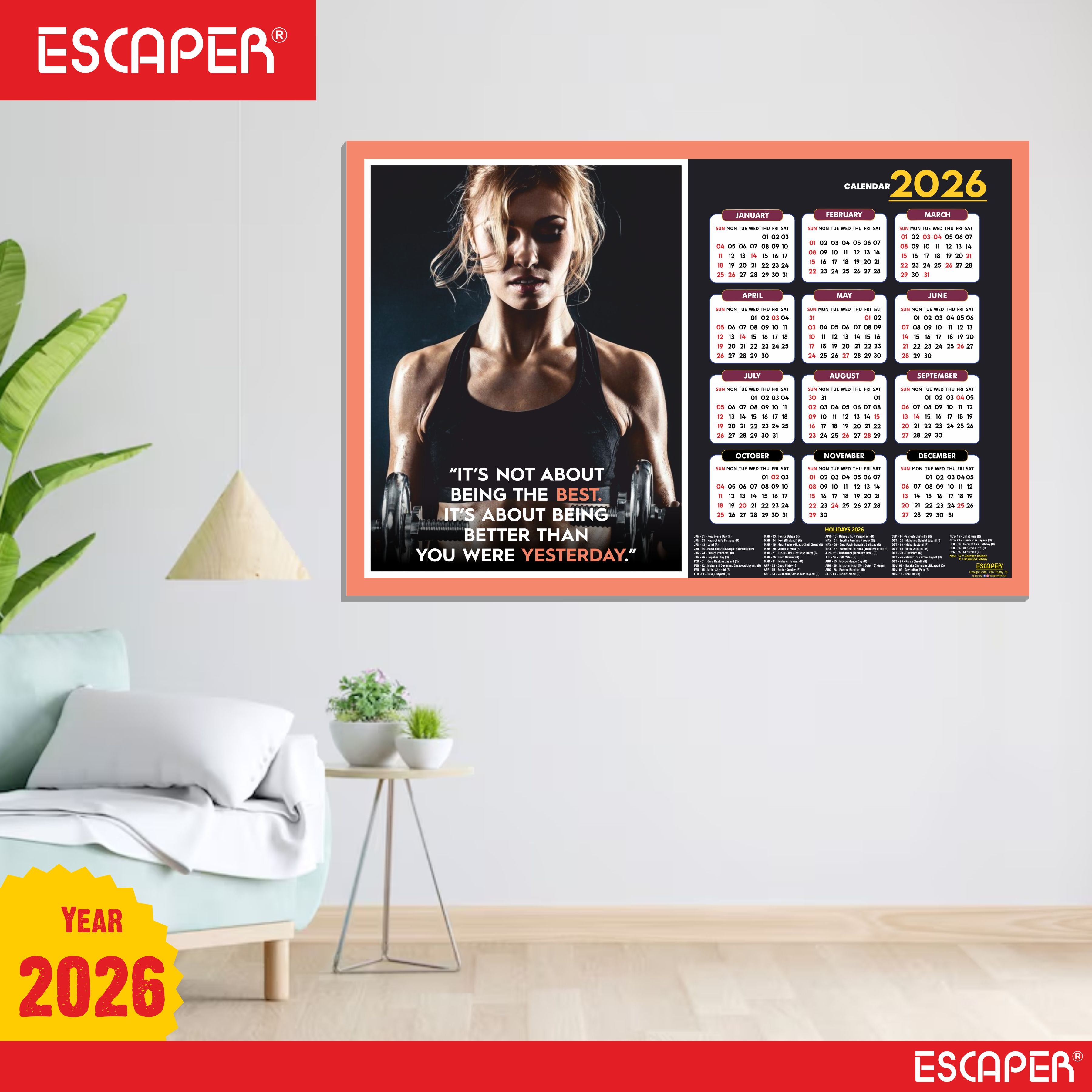 Gym Wall Calendar 2026 hanging (12 x 18), Wall Calendar 2026 for Gym Motivation, Workout, Exercise, Bodybuilders, Fitness Center
