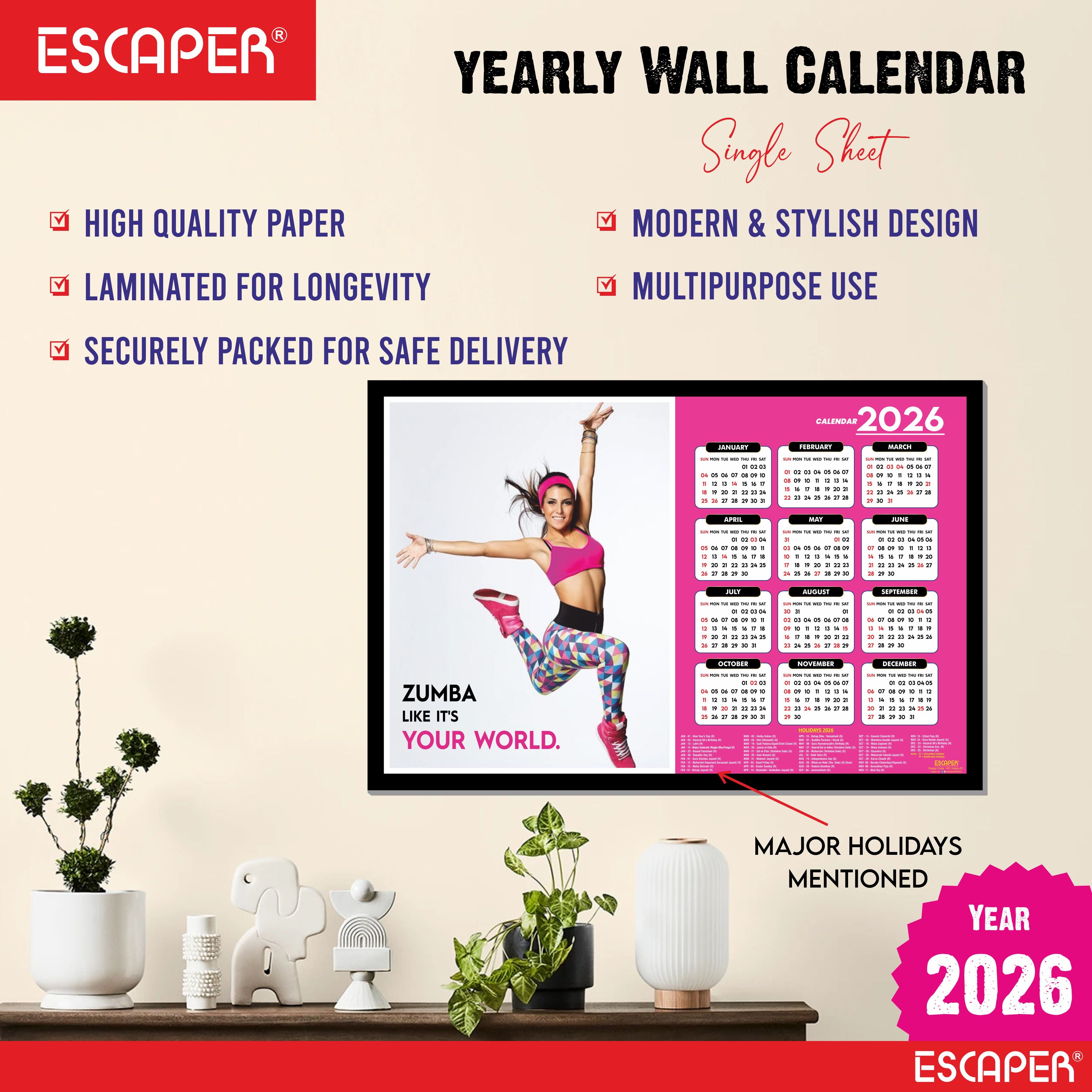 Zumba Wall Calendar 2026 hanging, (45 x 30 cm), Dance, Aerobics Wall Calendar 2026, New Year Calendar 2026, Dance Wall Decor Art, New Year Gift