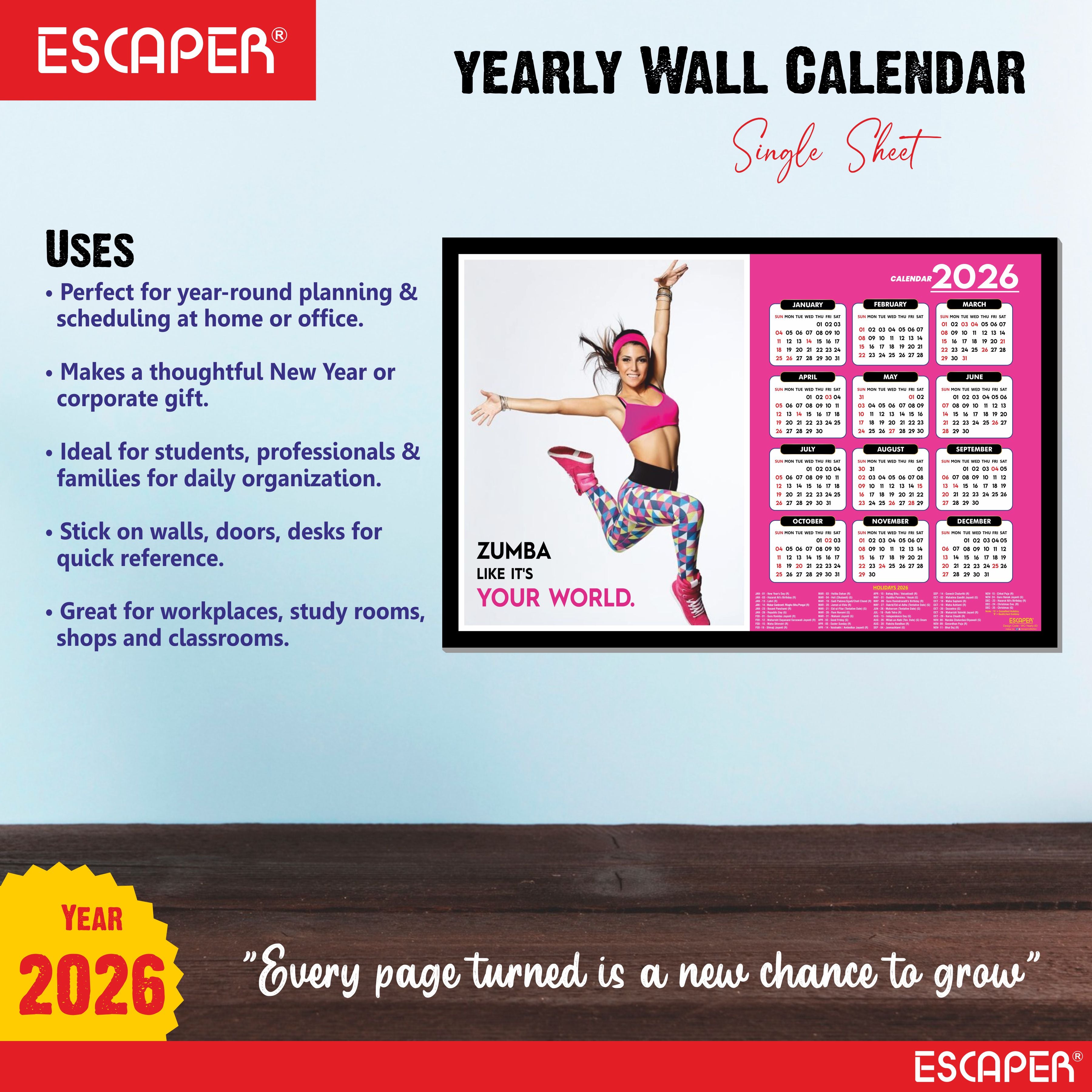 Zumba Wall Calendar 2026 hanging, (45 x 30 cm), Dance, Aerobics Wall Calendar 2026, New Year Calendar 2026, Dance Wall Decor Art, New Year Gift