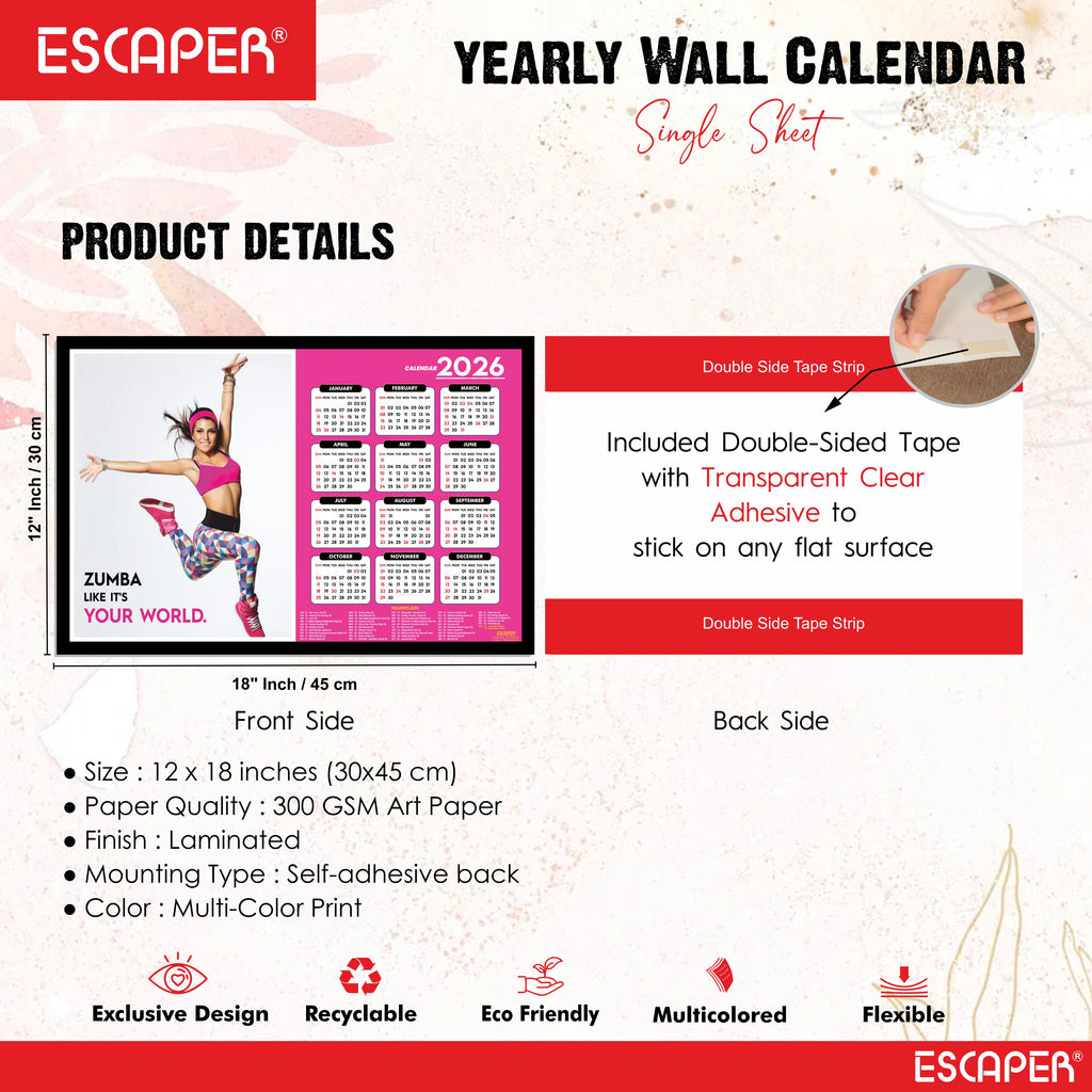 Zumba Wall Calendar 2026 hanging, (45 x 30 cm), Dance, Aerobics Wall Calendar 2026, New Year Calendar 2026, Dance Wall Decor Art, New Year Gift