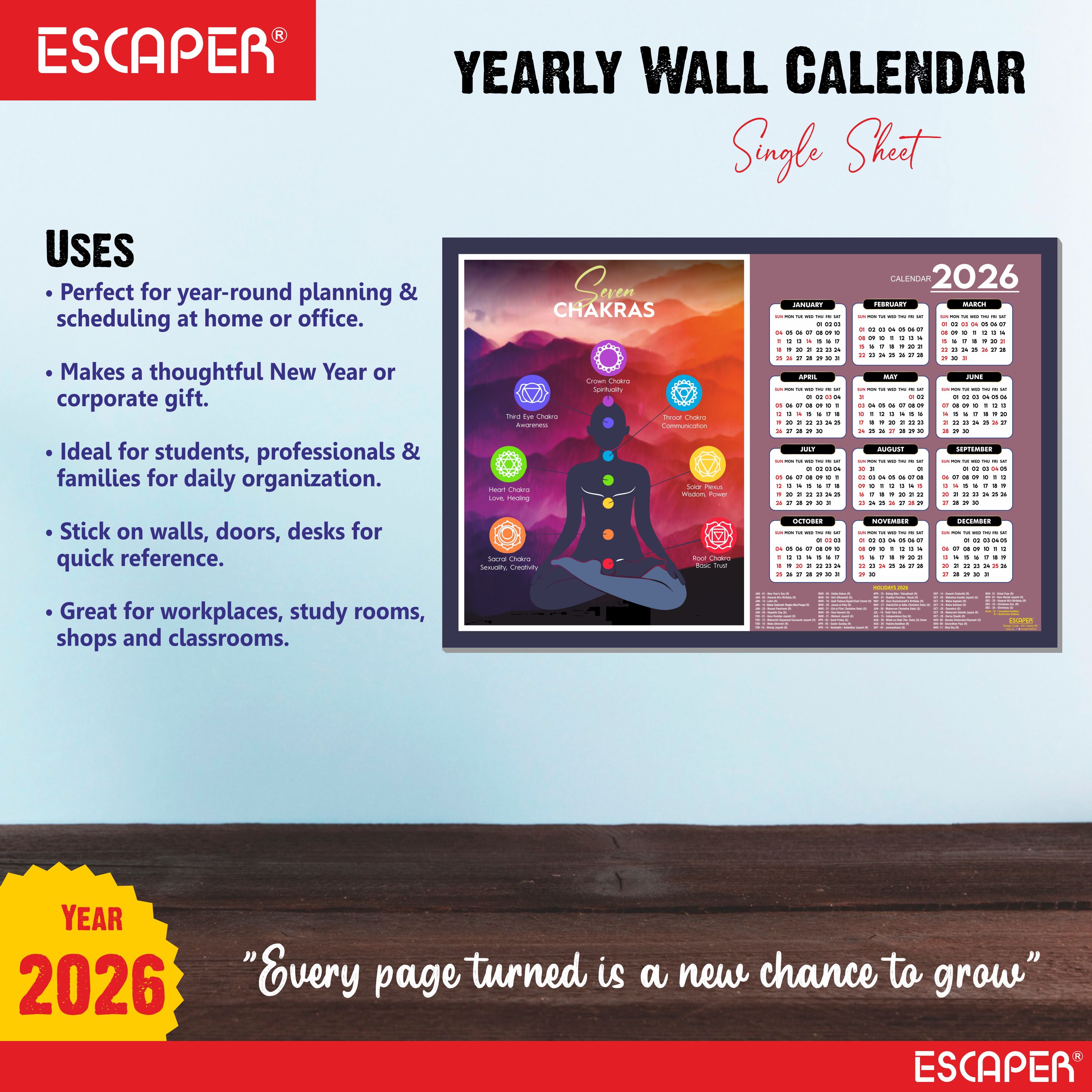 Seven Chakras Yoga Wall Calendar 2026 hanging Decoration (12 x 18), Meditation Wall Calendar 2026 hanging, Yogasana Charts, Asana Chart, Yoga Poses, Meditation Chakras