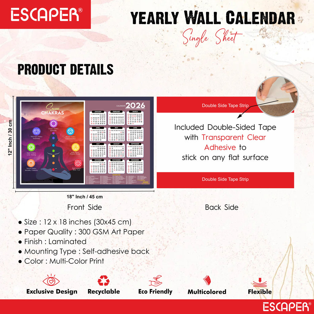 Seven Chakras Yoga Wall Calendar 2026 hanging Decoration (12 x 18), Meditation Wall Calendar 2026 hanging, Yogasana Charts, Asana Chart, Yoga Poses, Meditation Chakras