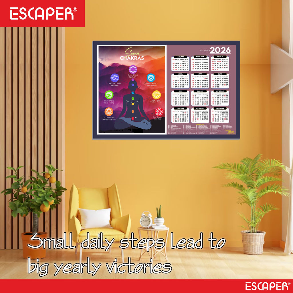 Seven Chakras Yoga Wall Calendar 2026 hanging Decoration (12 x 18), Meditation Wall Calendar 2026 hanging, Yogasana Charts, Asana Chart, Yoga Poses, Meditation Chakras