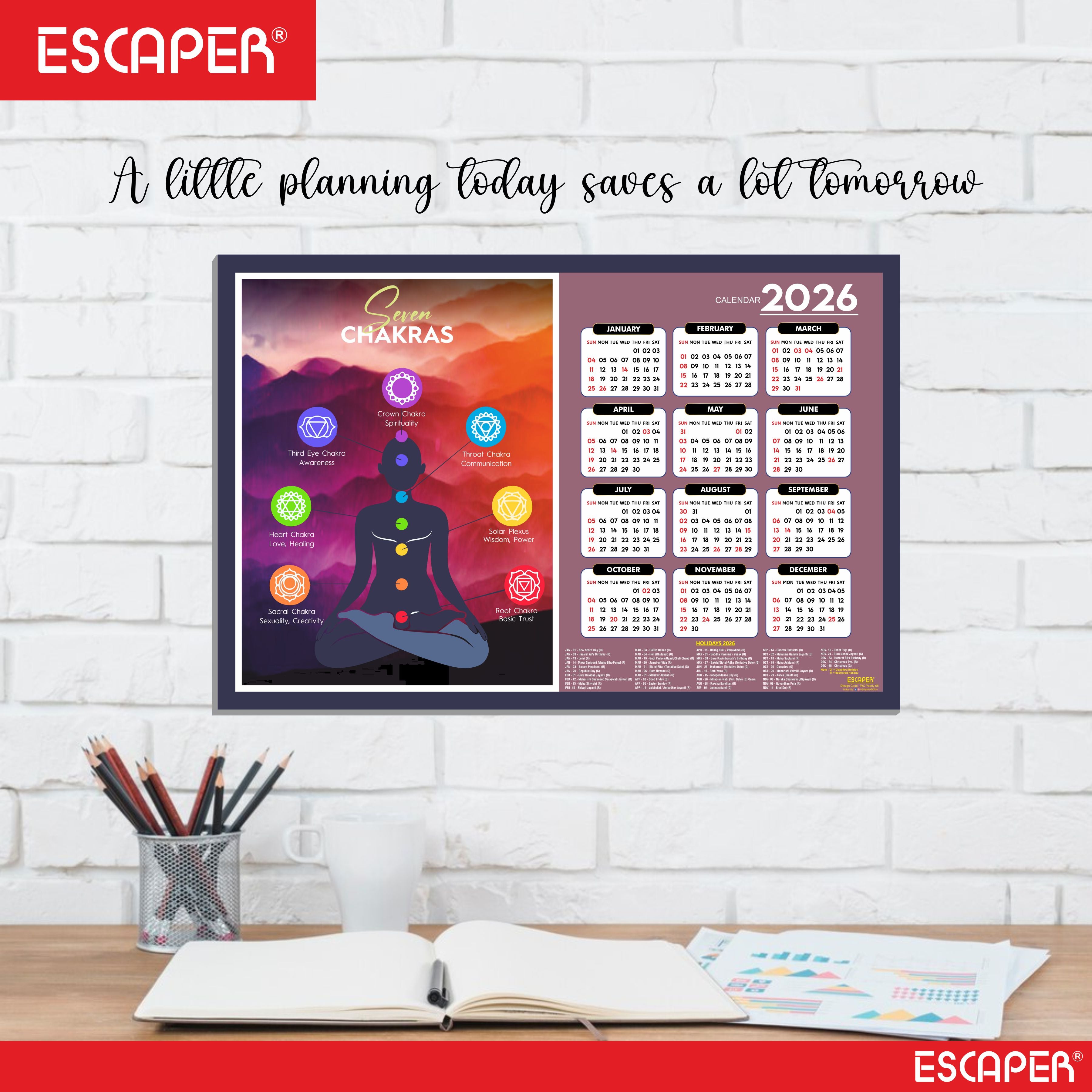 Seven Chakras Yoga Wall Calendar 2026 hanging Decoration (12 x 18), Meditation Wall Calendar 2026 hanging, Yogasana Charts, Asana Chart, Yoga Poses, Meditation Chakras