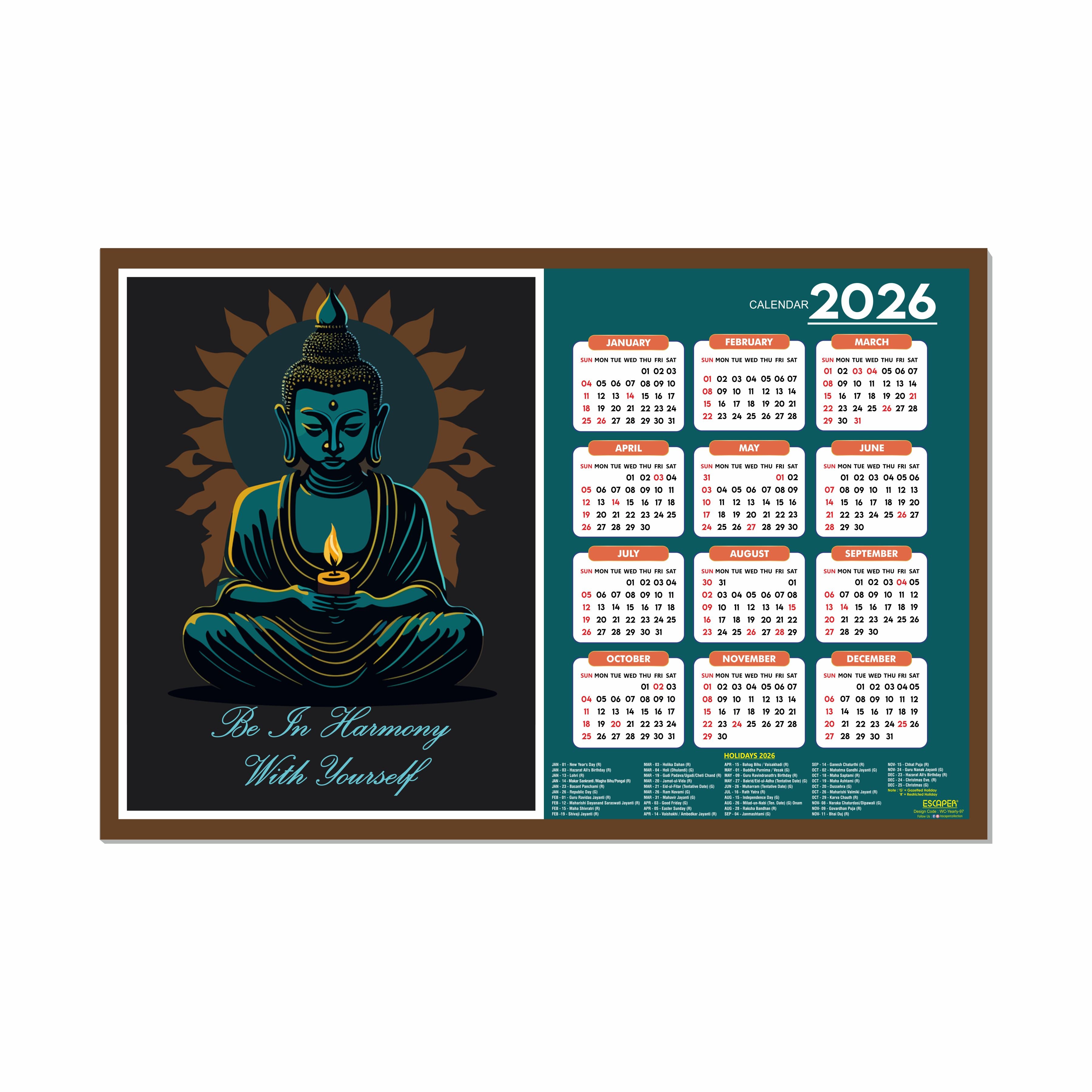 Buddha Yoga Wall Calendar 2026 hanging Decoration (12 x 18), Meditation Wall Calendar 2026 hanging, Yogasana Charts, Asana Chart, Yoga Poses, Meditation Chakras