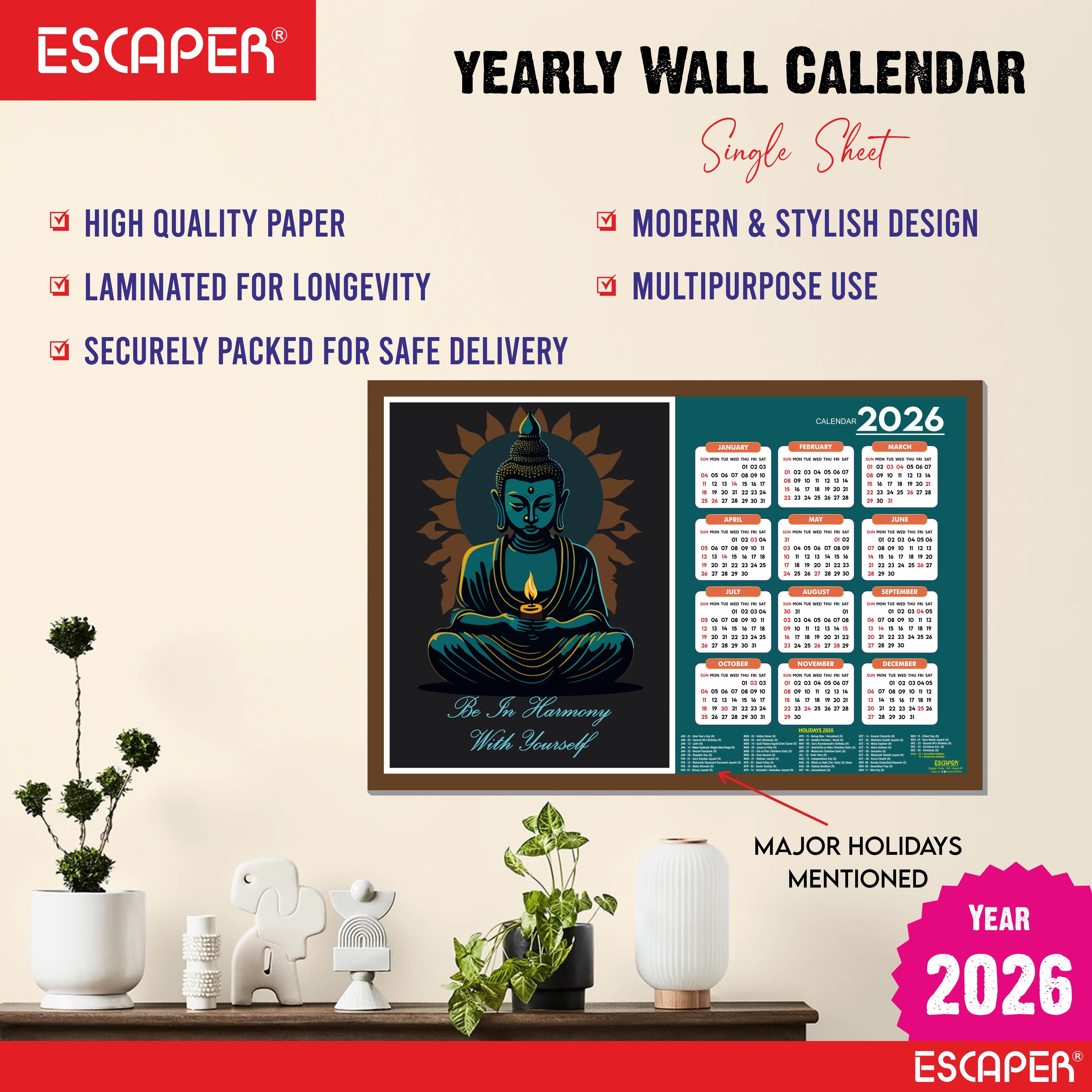 Buddha Yoga Wall Calendar 2026 hanging Decoration (12 x 18), Meditation Wall Calendar 2026 hanging, Yogasana Charts, Asana Chart, Yoga Poses, Meditation Chakras