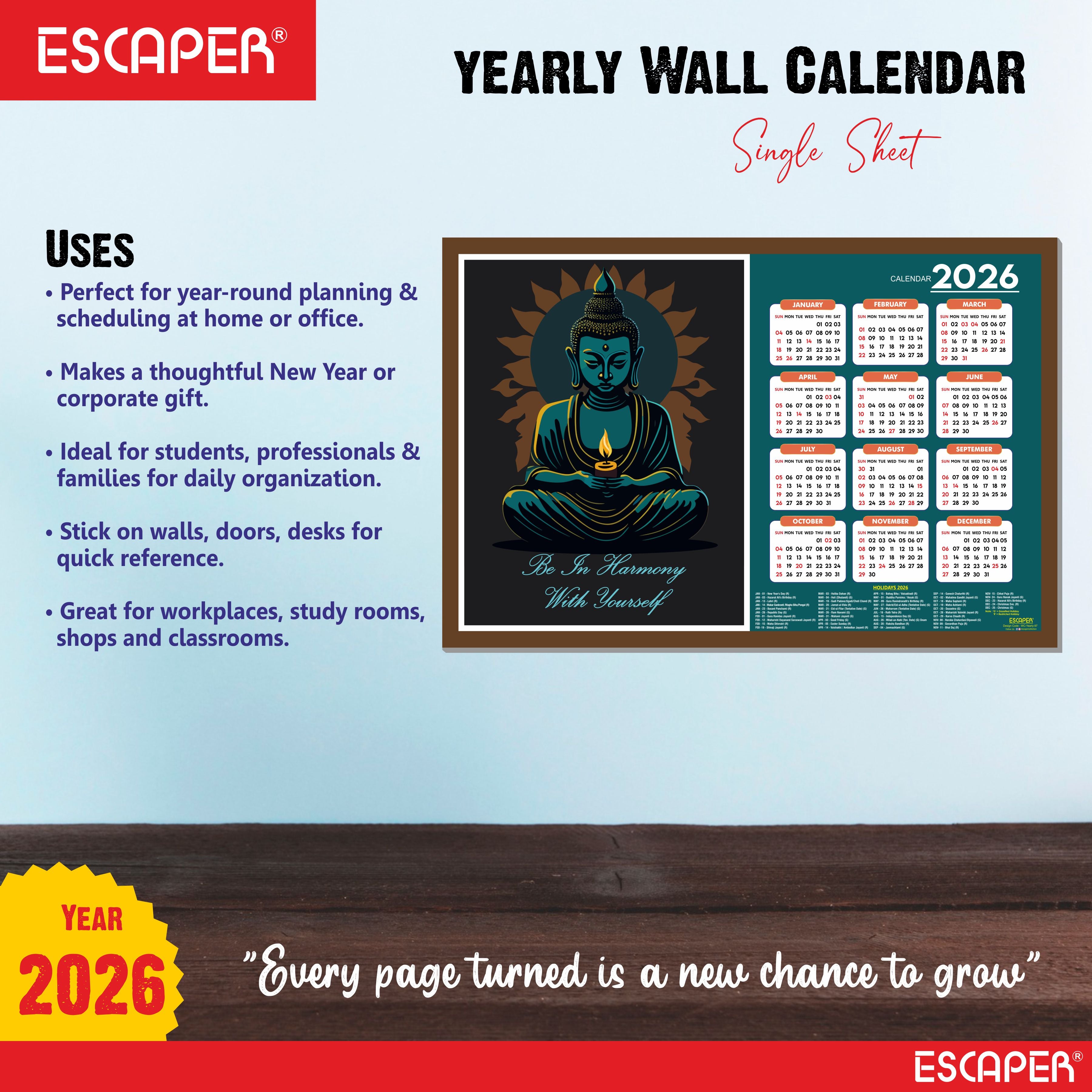 Buddha Yoga Wall Calendar 2026 hanging Decoration (12 x 18), Meditation Wall Calendar 2026 hanging, Yogasana Charts, Asana Chart, Yoga Poses, Meditation Chakras