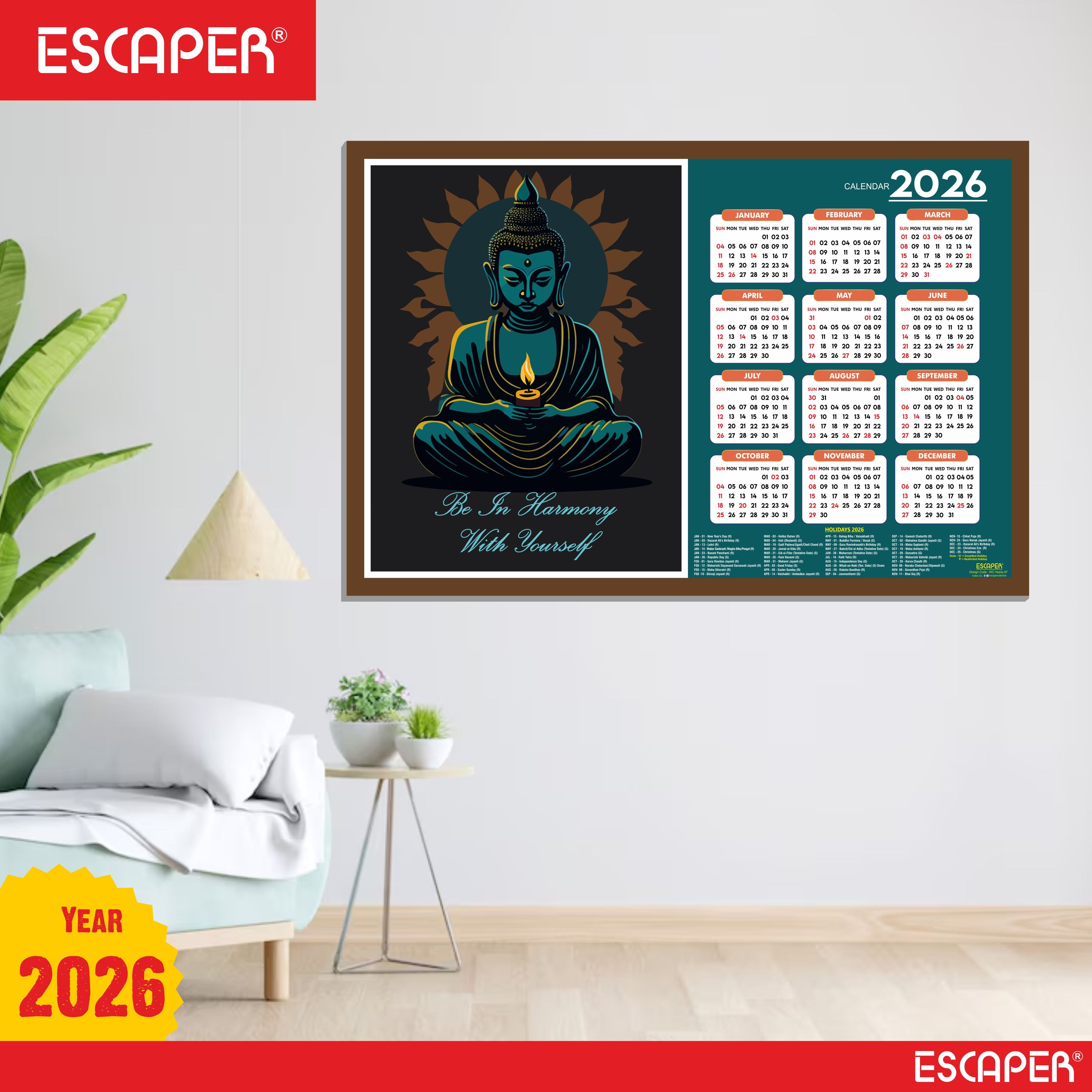 Buddha Yoga Wall Calendar 2026 hanging Decoration (12 x 18), Meditation Wall Calendar 2026 hanging, Yogasana Charts, Asana Chart, Yoga Poses, Meditation Chakras