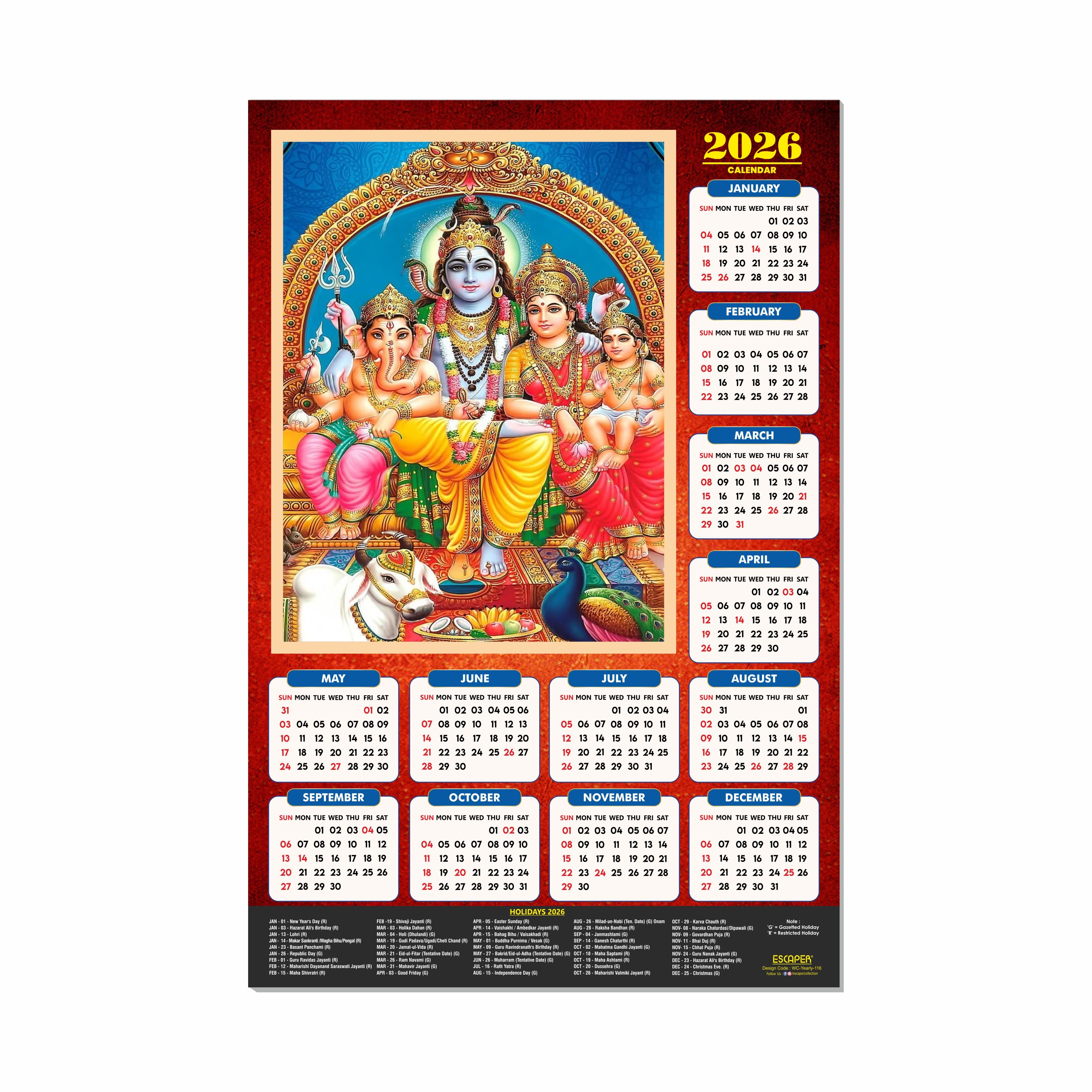Lord Shiva Wall Calendar 2026 hanging (45 x 30 cm), Bholenath, Shivling, Shanker Ji Photo, Mahadev Wall Calendar 2026, Shivji Calendar, Lord Shiva Wall Decor