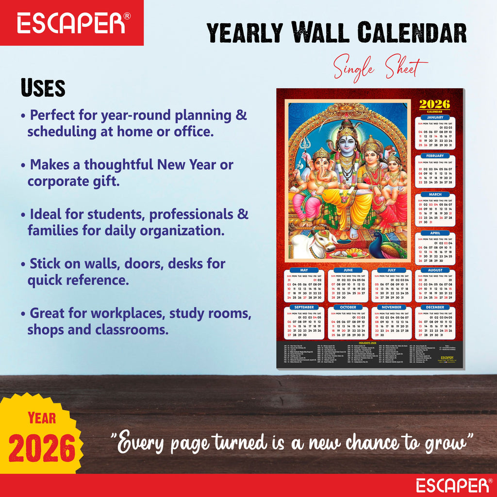 Lord Shiva Wall Calendar 2026 hanging (45 x 30 cm), Bholenath, Shivling, Shanker Ji Photo, Mahadev Wall Calendar 2026, Shivji Calendar, Lord Shiva Wall Decor