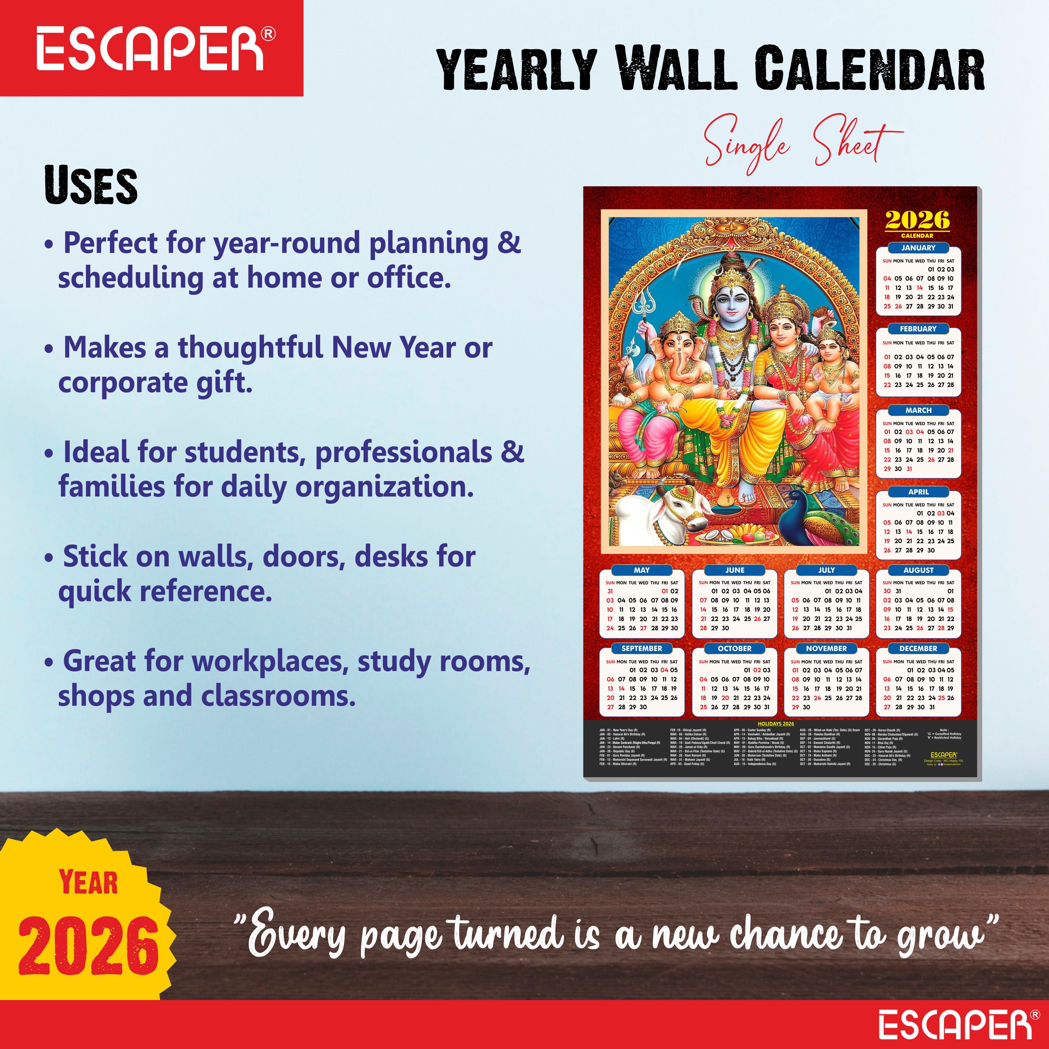 Lord Shiva Wall Calendar 2026 hanging (45 x 30 cm), Bholenath, Shivling, Shanker Ji Photo, Mahadev Wall Calendar 2026, Shivji Calendar, Lord Shiva Wall Decor