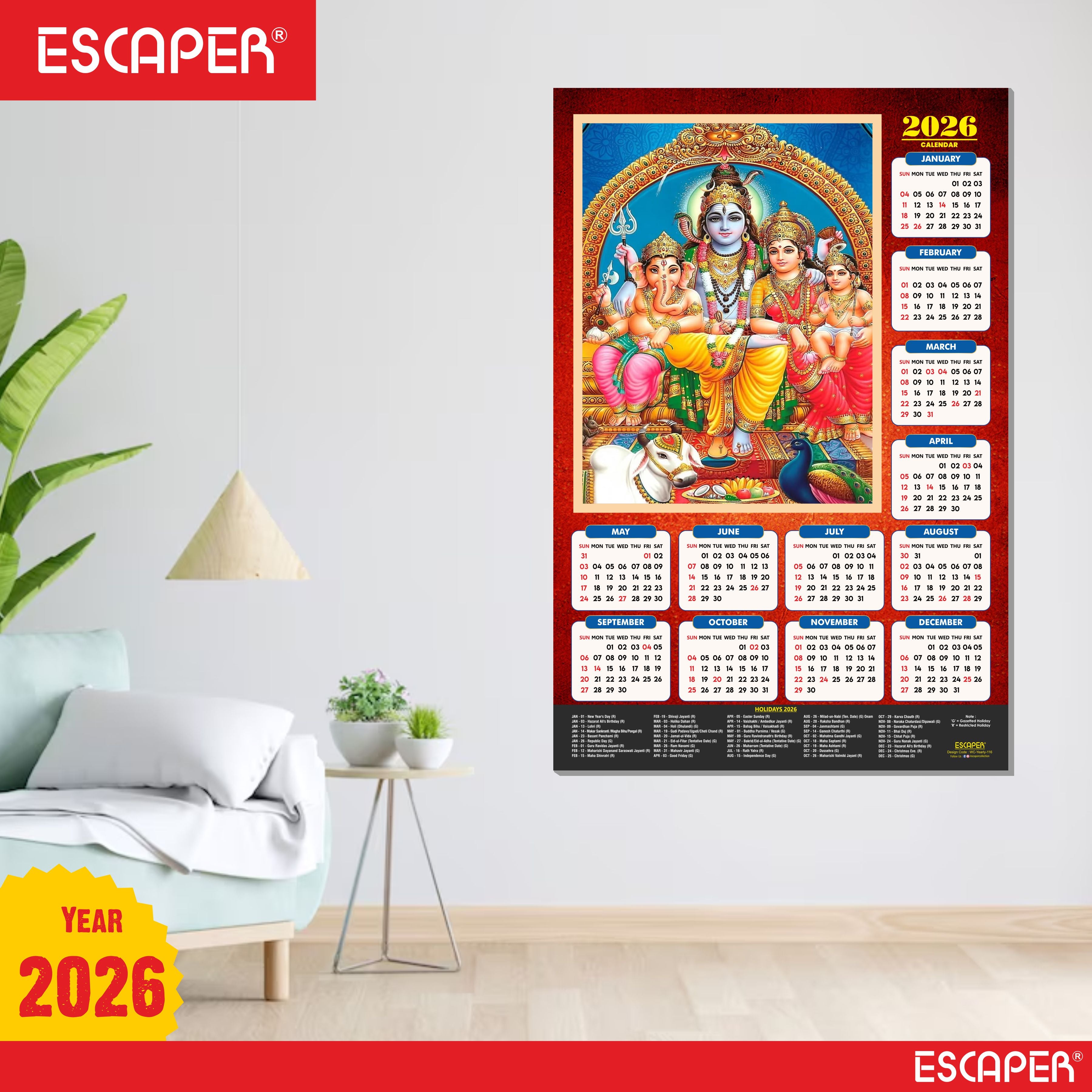 Lord Shiva Wall Calendar 2026 hanging (45 x 30 cm), Bholenath, Shivling, Shanker Ji Photo, Mahadev Wall Calendar 2026, Shivji Calendar, Lord Shiva Wall Decor