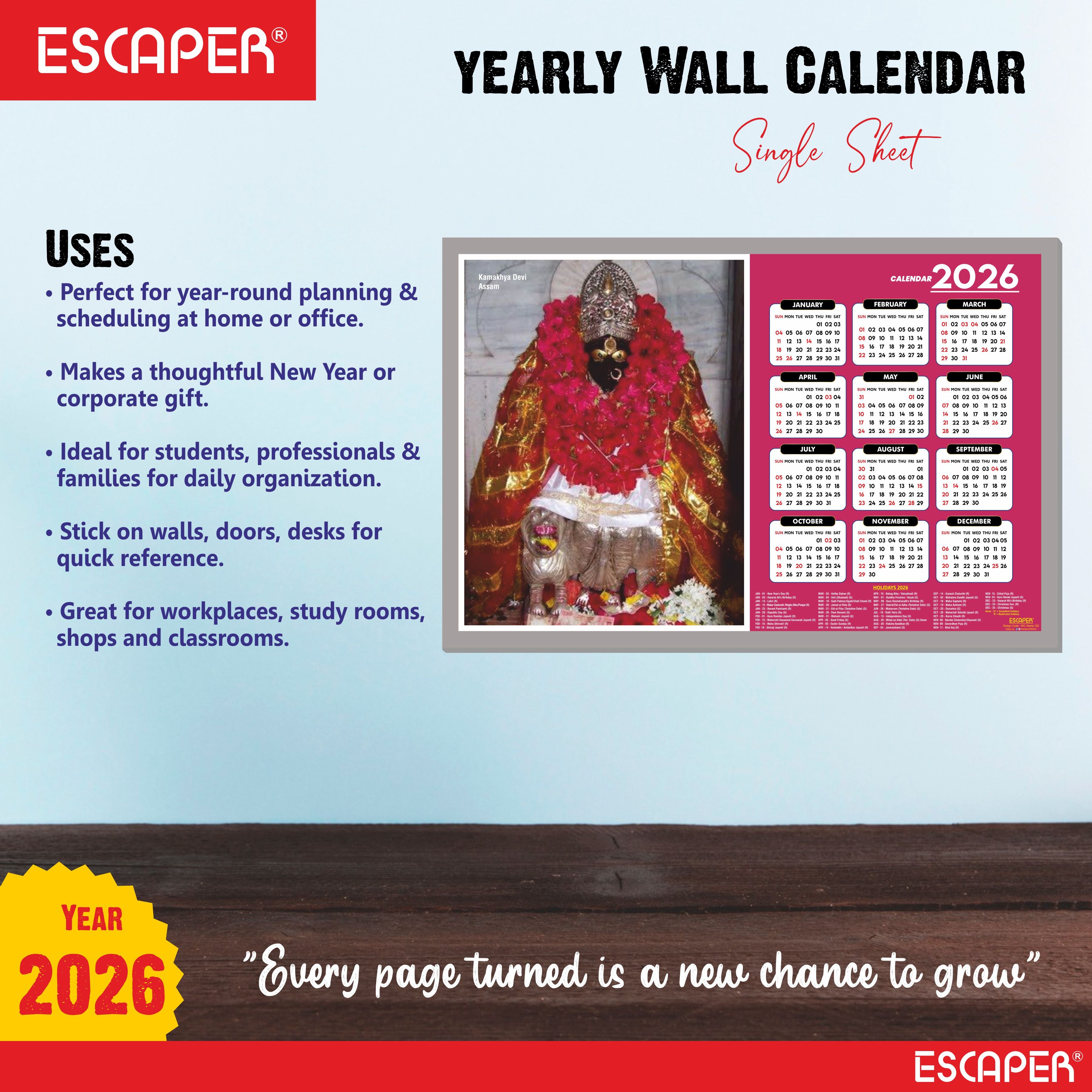 Kamakhya Devi Wall Calendar 2026 (45 x 30 cm), Kamakhya Devi Mandir, Kamakhya Devi Photos, Religious, Hindu Goddess Photos, Hindu Goddess Temple Wall Calendar 2026 for room decoration