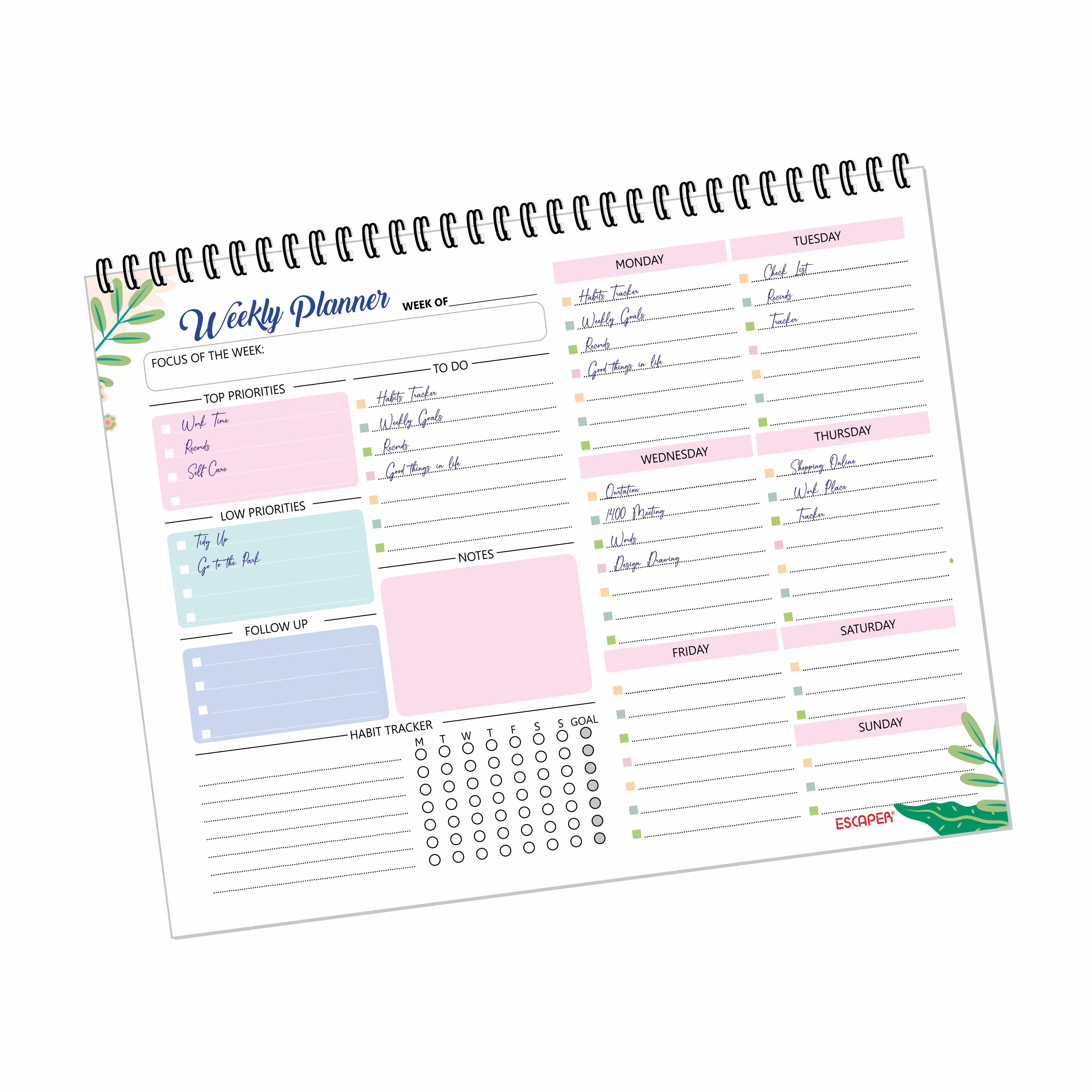 ESCAPER Undated Weekly Planners  – 80 Pages, Habit Tracker & Productivity Organizer, 90 GSM Paper, Flexible Weekly Schedule for Students, Professionals & Busy Life (Weakly Planner)