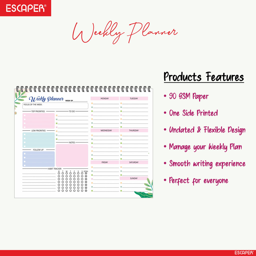 ESCAPER Undated Weekly Planners  – 80 Pages, Habit Tracker & Productivity Organizer, 90 GSM Paper, Flexible Weekly Schedule for Students, Professionals & Busy Life (Weakly Planner)