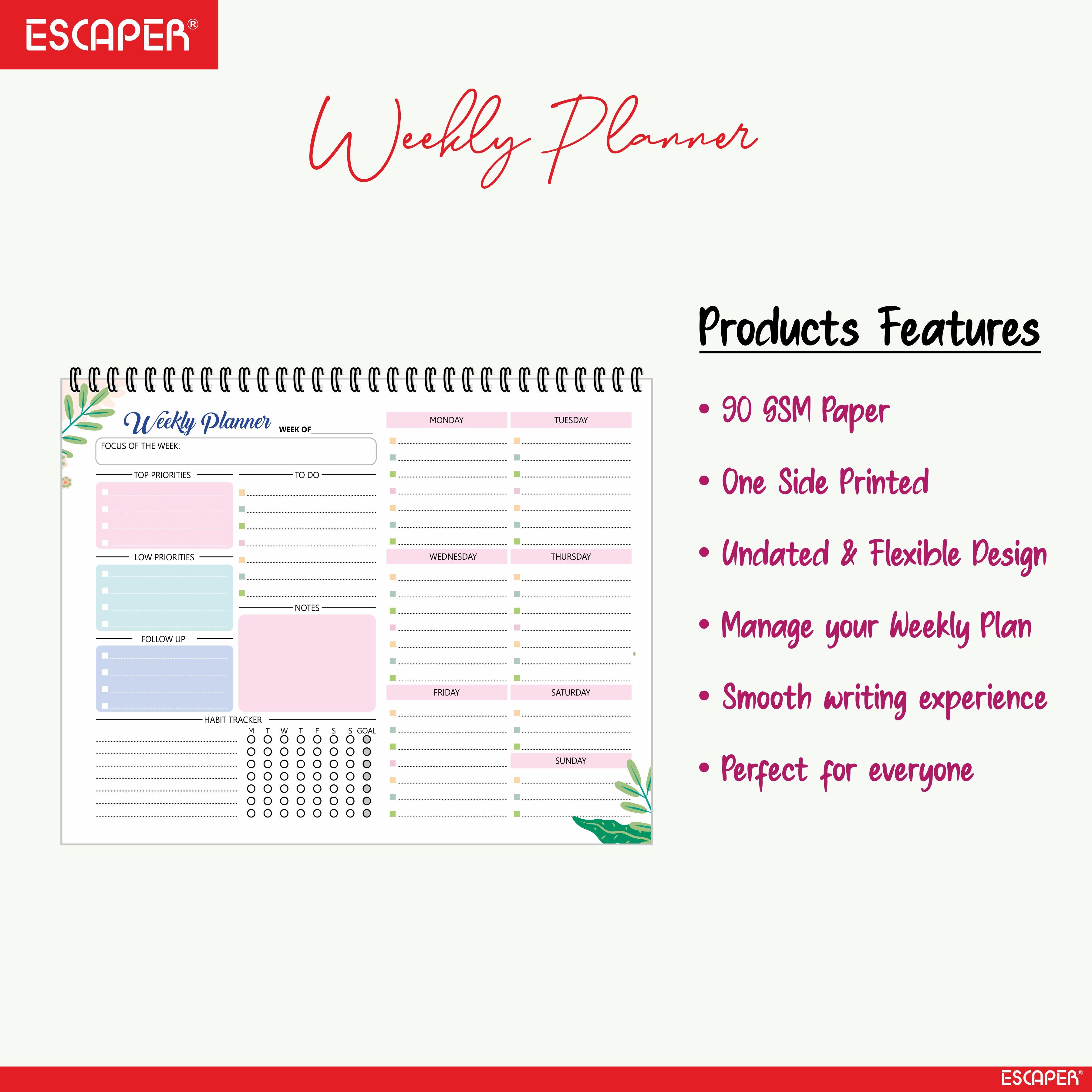 ESCAPER Undated Weekly Planners  – 80 Pages, Habit Tracker & Productivity Organizer, 90 GSM Paper, Flexible Weekly Schedule for Students, Professionals & Busy Life (Weakly Planner)
