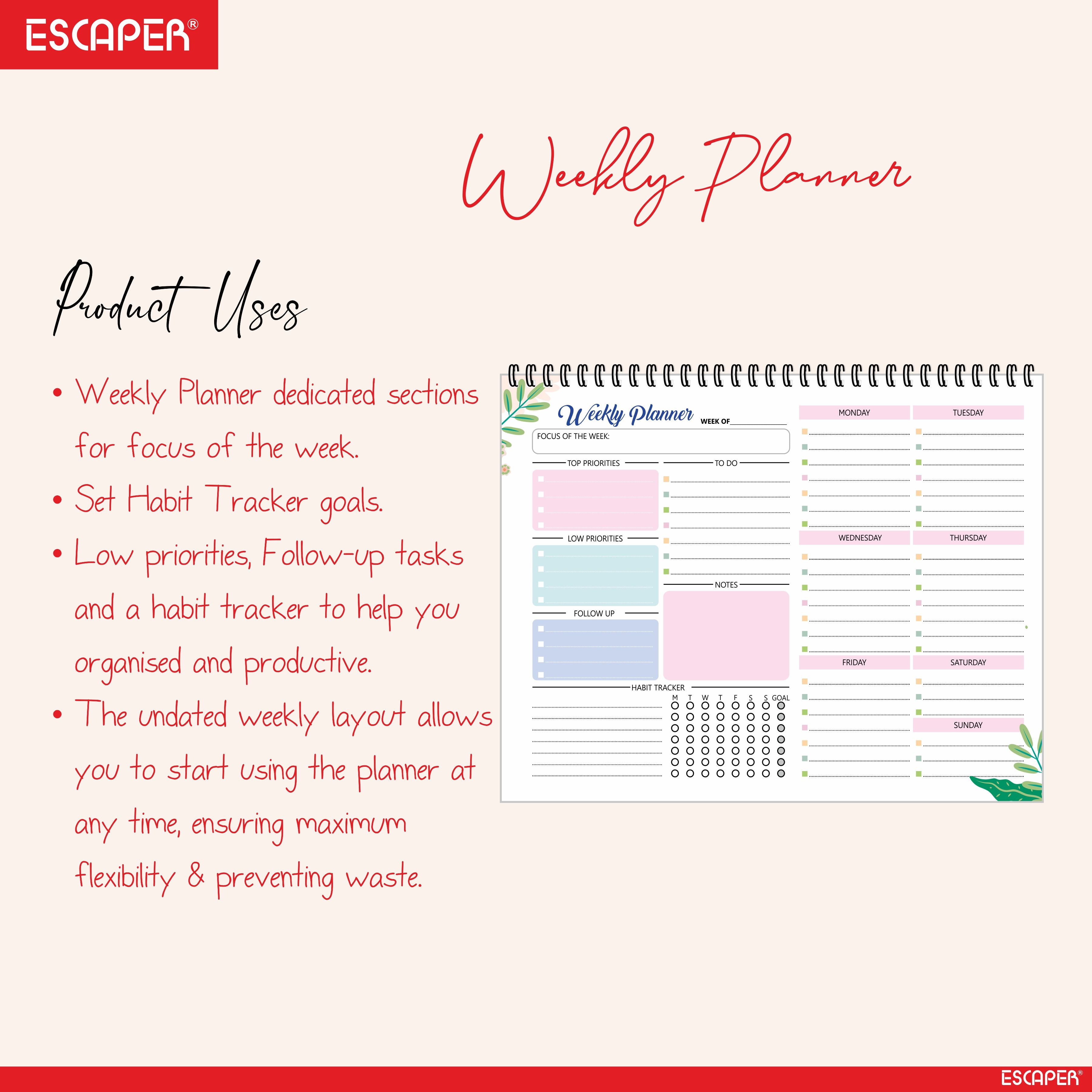 ESCAPER Undated Weekly Planners  – 80 Pages, Habit Tracker & Productivity Organizer, 90 GSM Paper, Flexible Weekly Schedule for Students, Professionals & Busy Life (Weakly Planner)