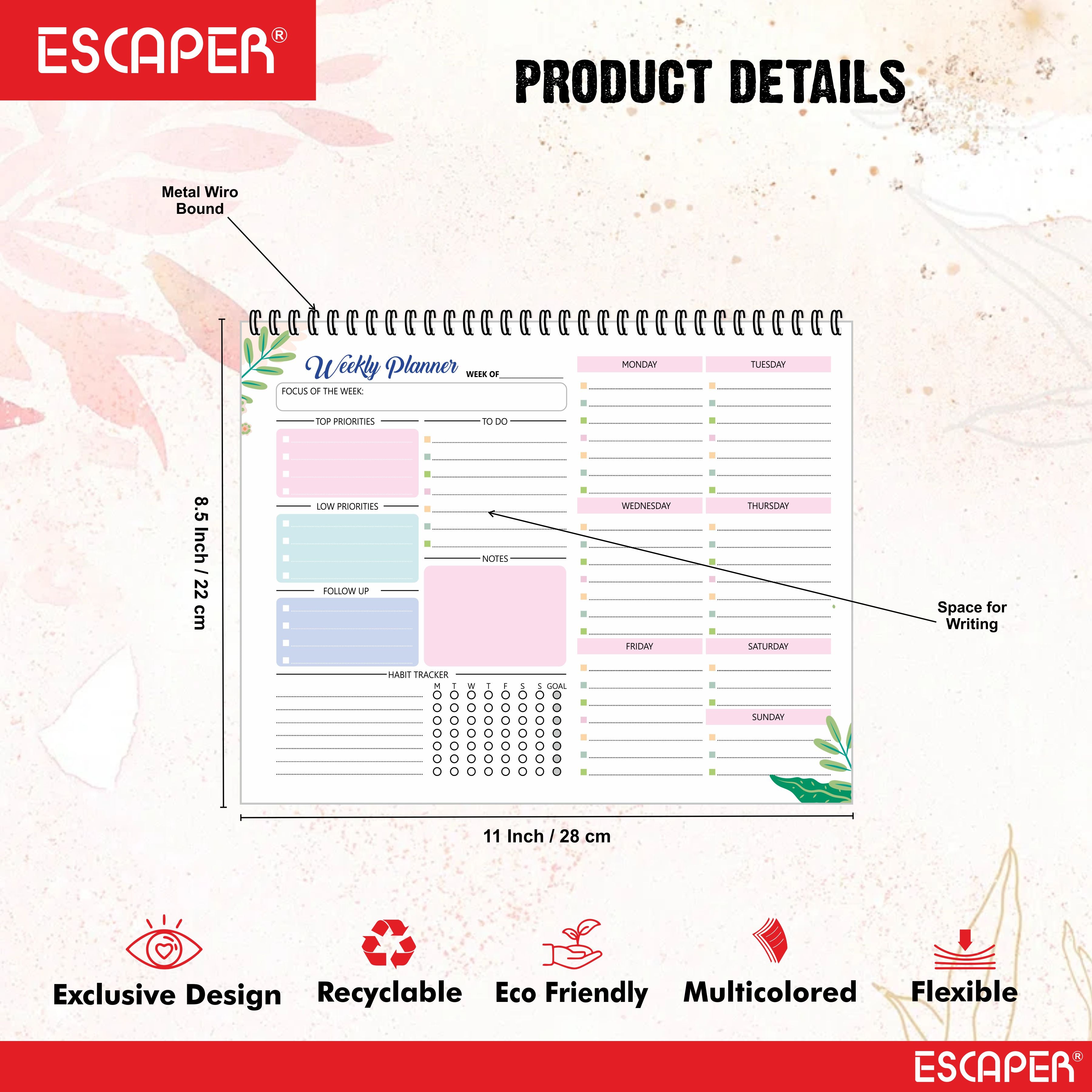 ESCAPER Undated Weekly Planners  – 80 Pages, Habit Tracker & Productivity Organizer, 90 GSM Paper, Flexible Weekly Schedule for Students, Professionals & Busy Life (Weakly Planner)