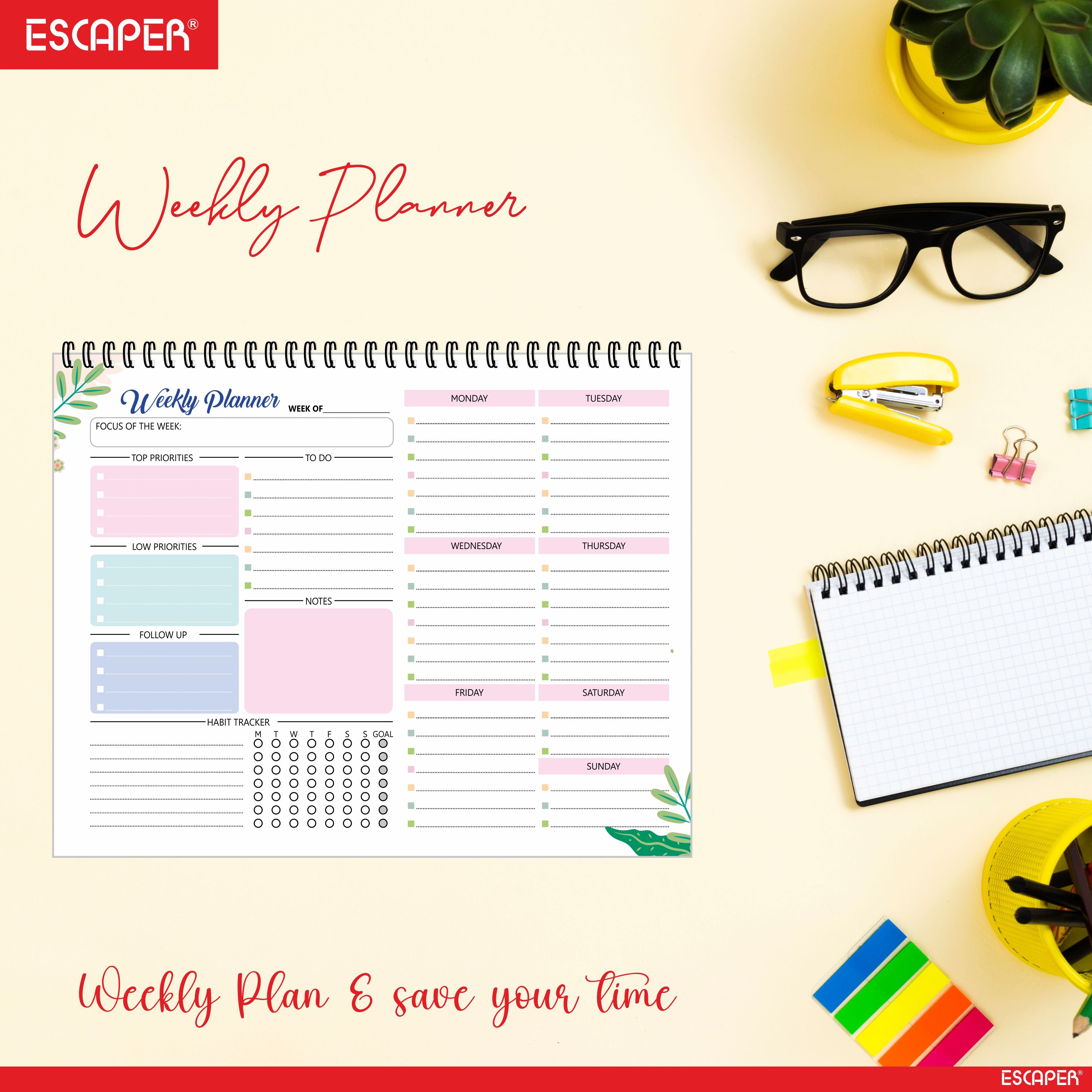 ESCAPER Undated Weekly Planners  – 80 Pages, Habit Tracker & Productivity Organizer, 90 GSM Paper, Flexible Weekly Schedule for Students, Professionals & Busy Life (Weakly Planner)
